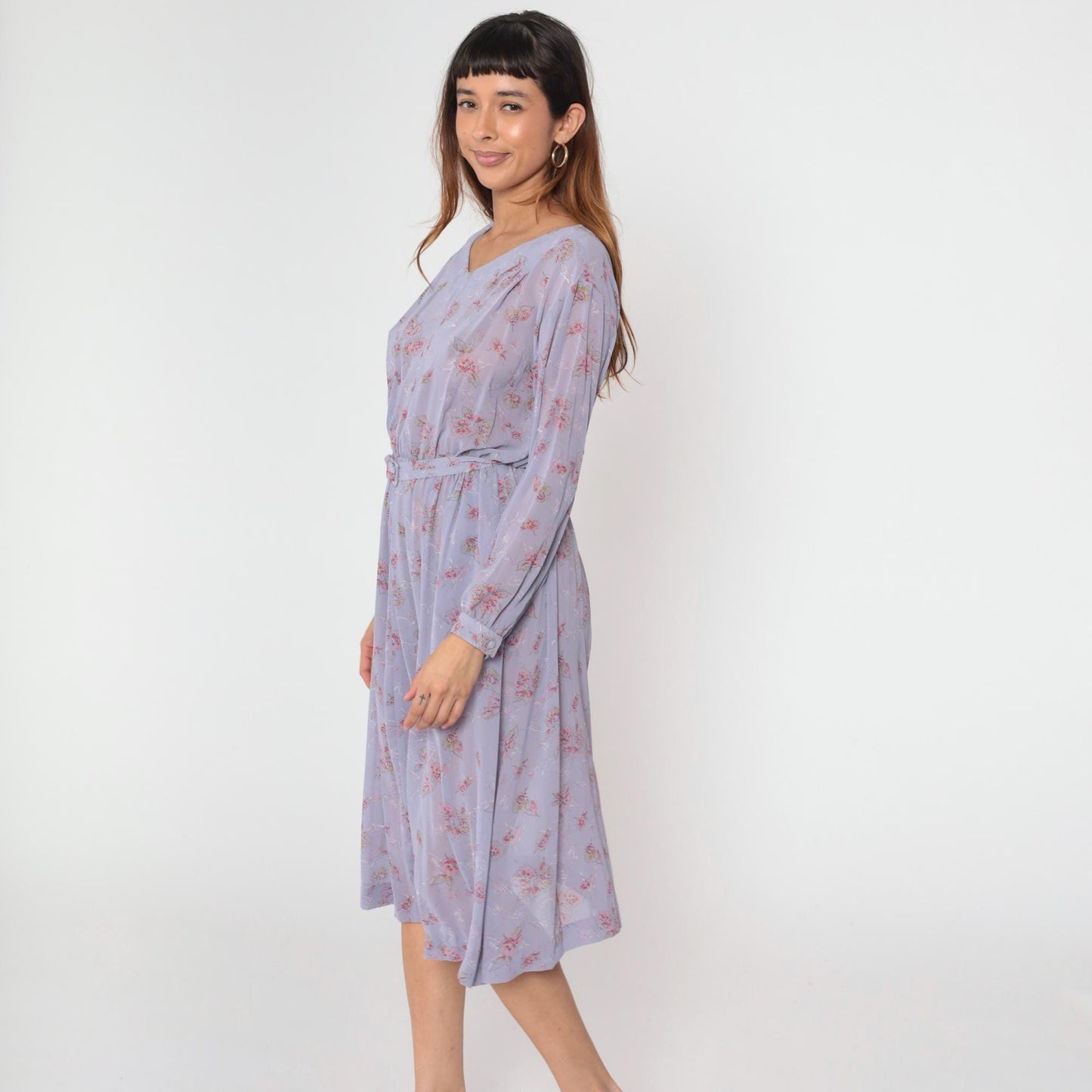 80s Lavender Floral Midi Dress High Waist Long Sleeve V-Neck Small Medium