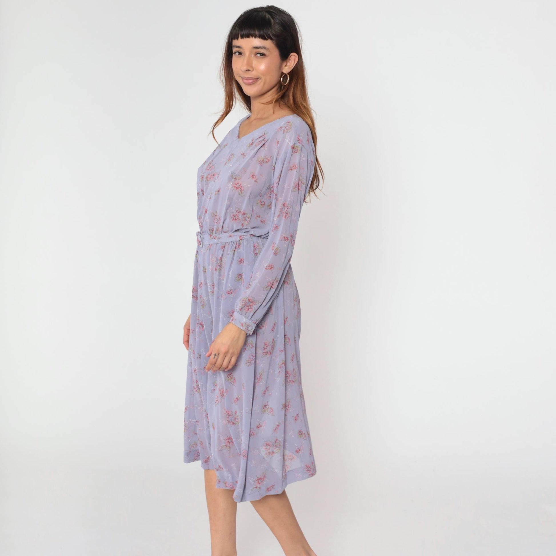 80s Lavender Floral Midi Dress High Waist Long Sleeve V-Neck Small Medium