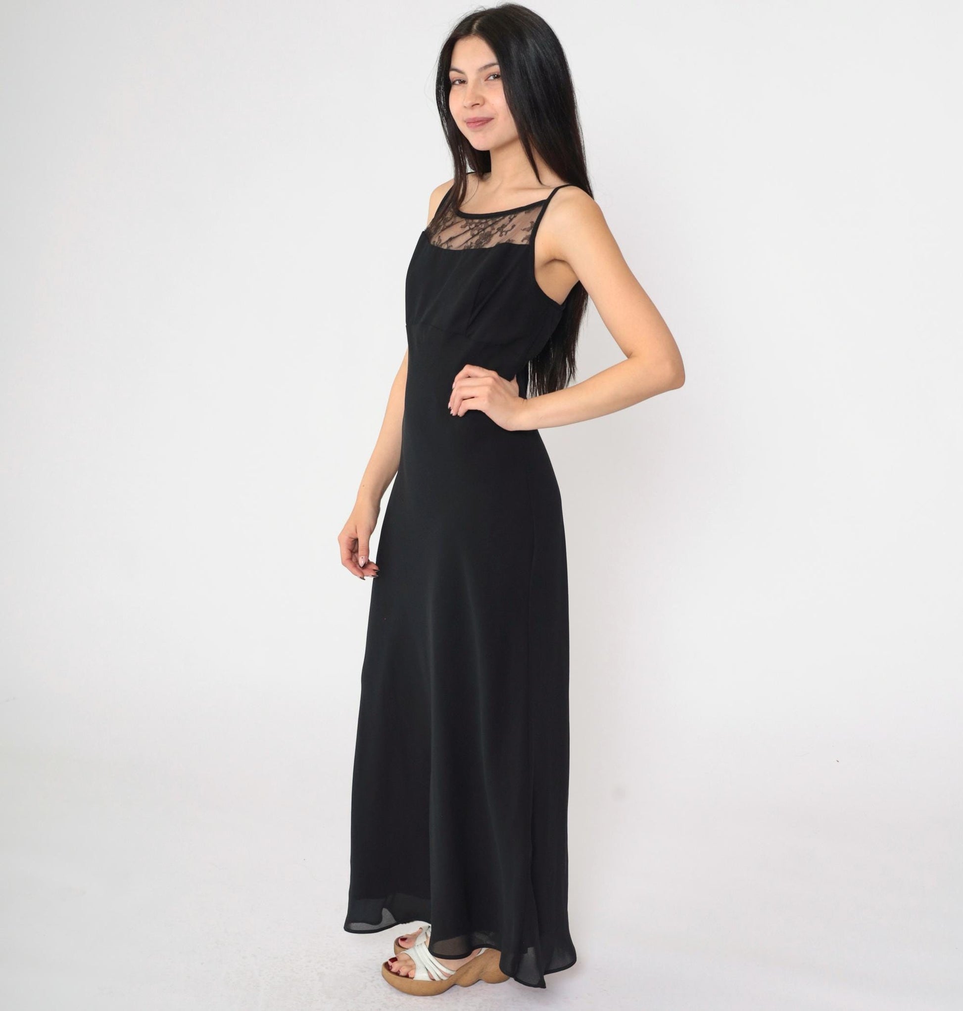 90s Jessica McClintock Gunne Sax Black Maxi Dress Spaghetti Strap Low Back Medium