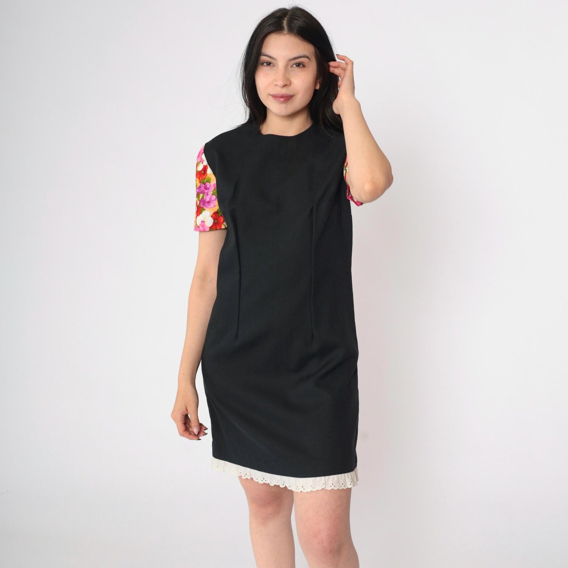 1960s Black Floral Puff Sleeve Mini Dress Eyelet Lace Shift Small S