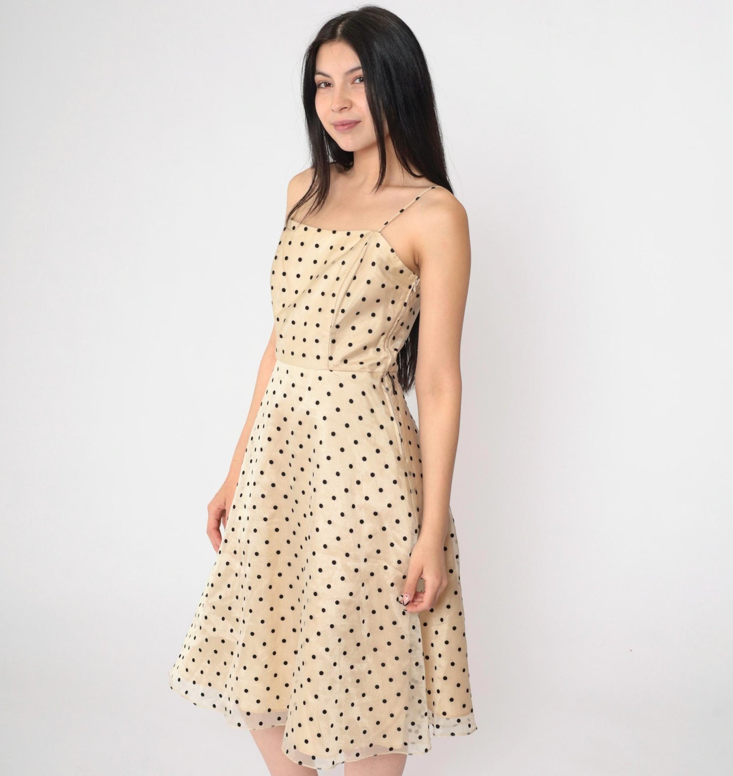 90s Betsy & Adam Beige Organza Midi Dress Black Polka Dot Spaghetti Strap Small 4