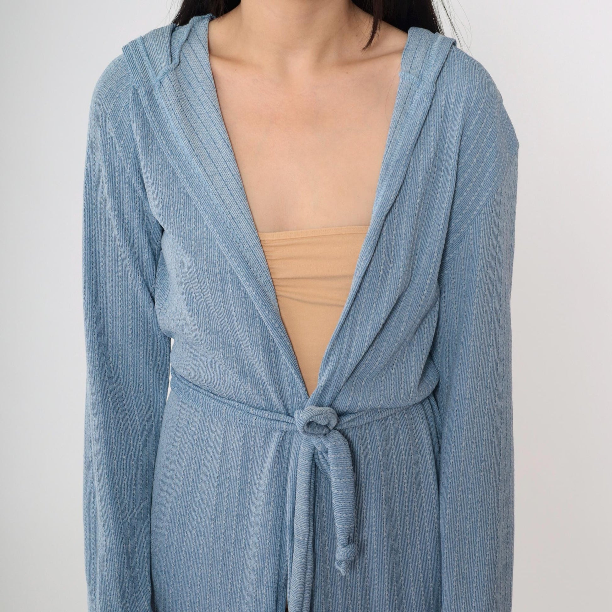 90s Blue Pinstriped Knit Hooded Jacket Tie Waist Open Front Knee Length Large