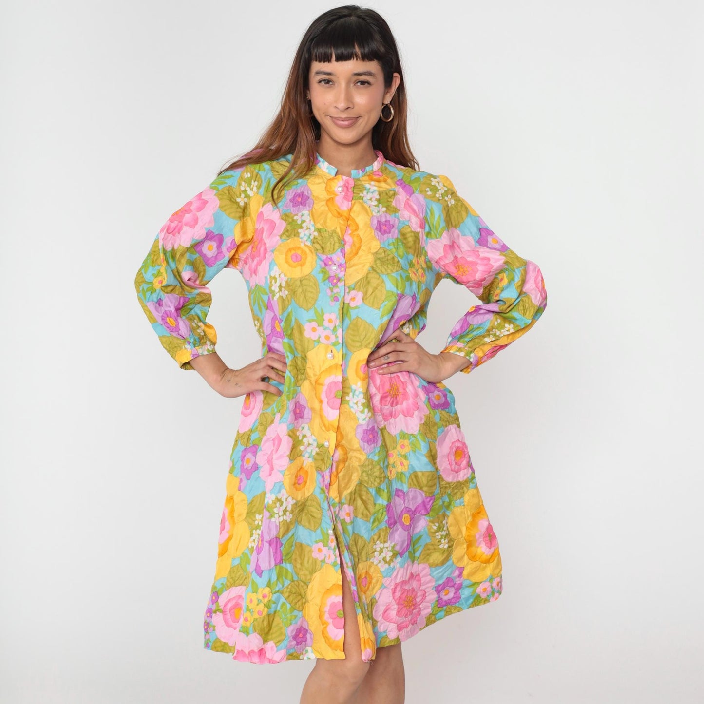 1970s Stella Faquin Quilted Floral Housecoat Pink Yellow Button-Up Robe Large