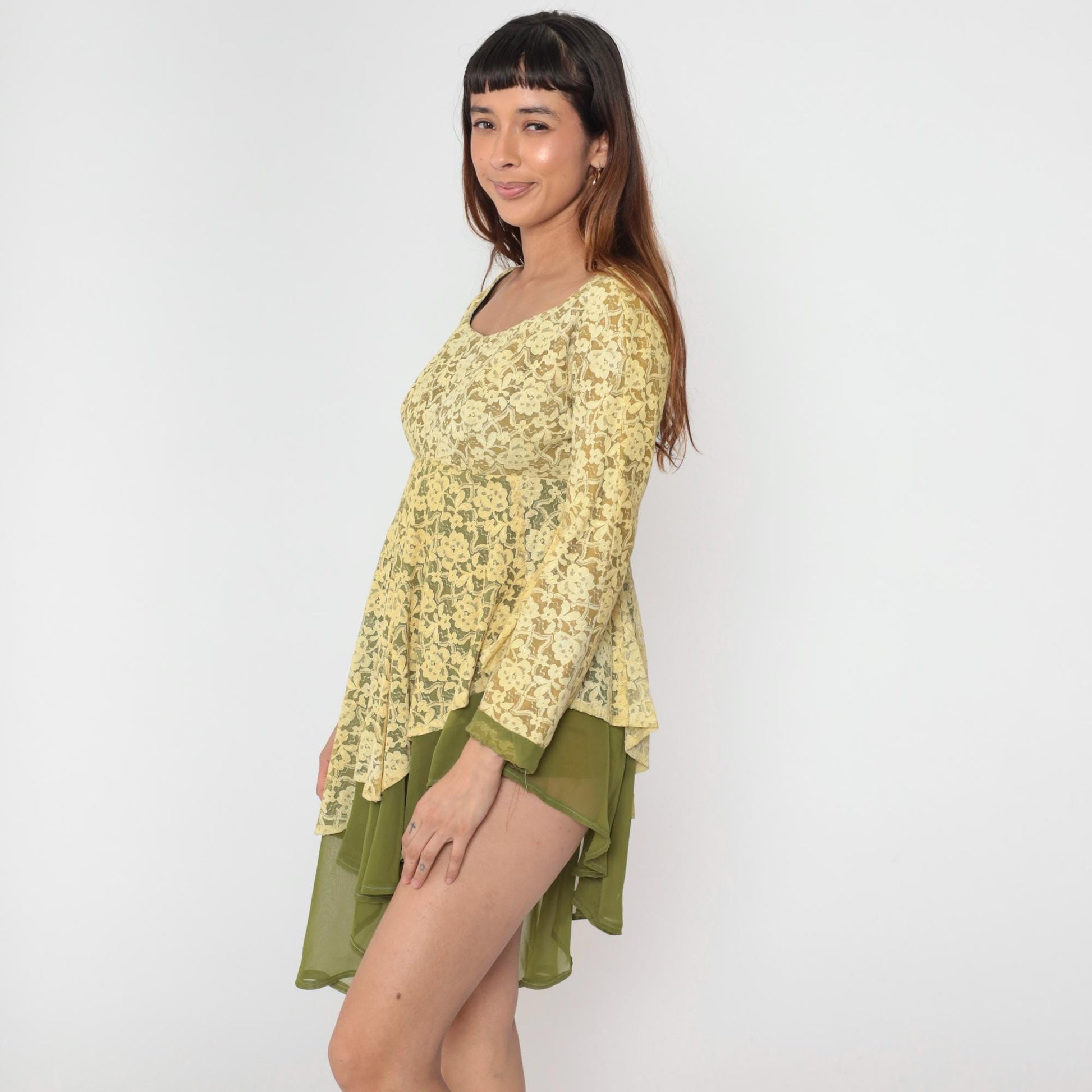 60s Yellow Lace Dress Green Sheer Empire Waist Asymmetrical Hem Small Medium
