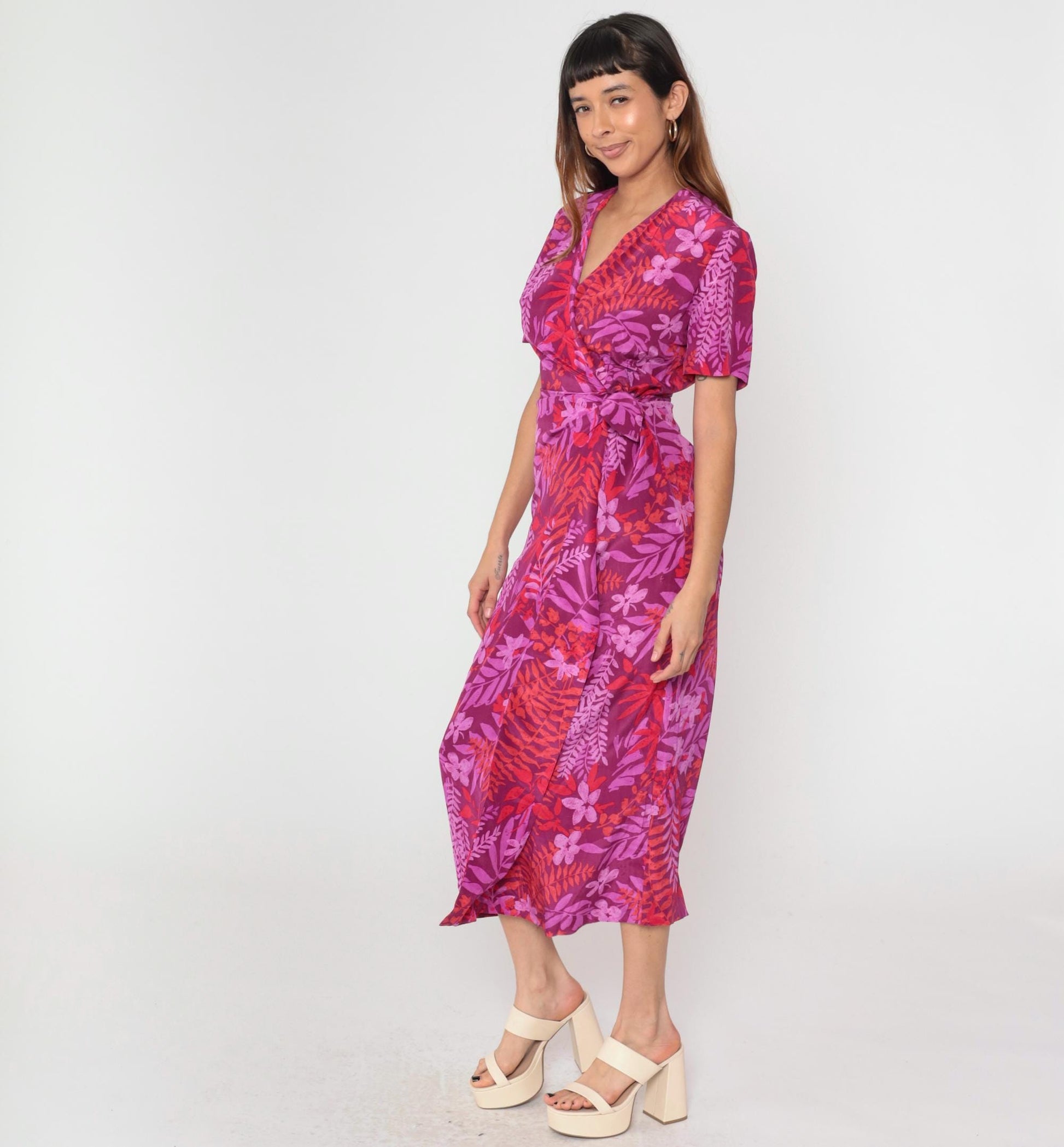 Y2K Adrianna Papell Silk Wrap Dress Purple Red Floral Midi Small 6
