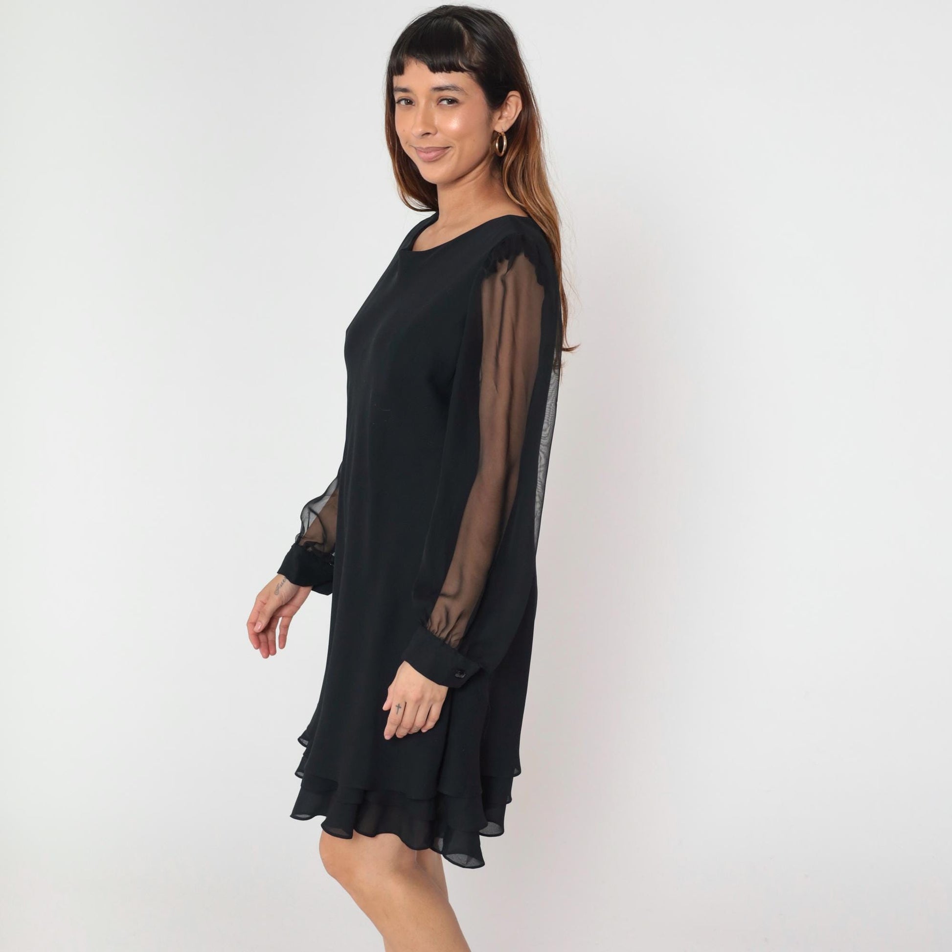 90s Black Chiffon Mini Dress Bishop Sleeve Shift Layered Ruffle Hem Large