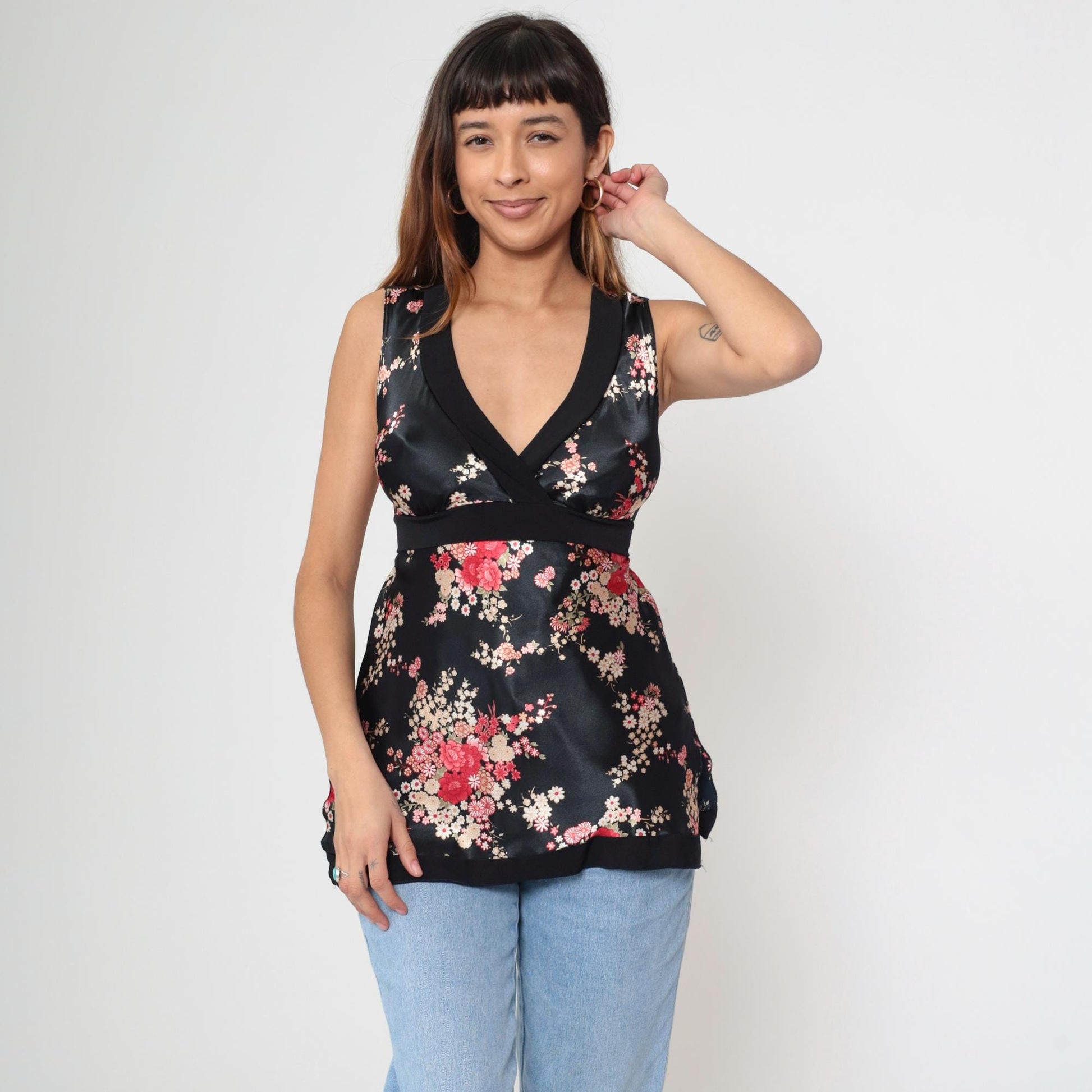 Y2K Black Satin Floral Tank Top Deep V Neck Empire Waist 00s Medium