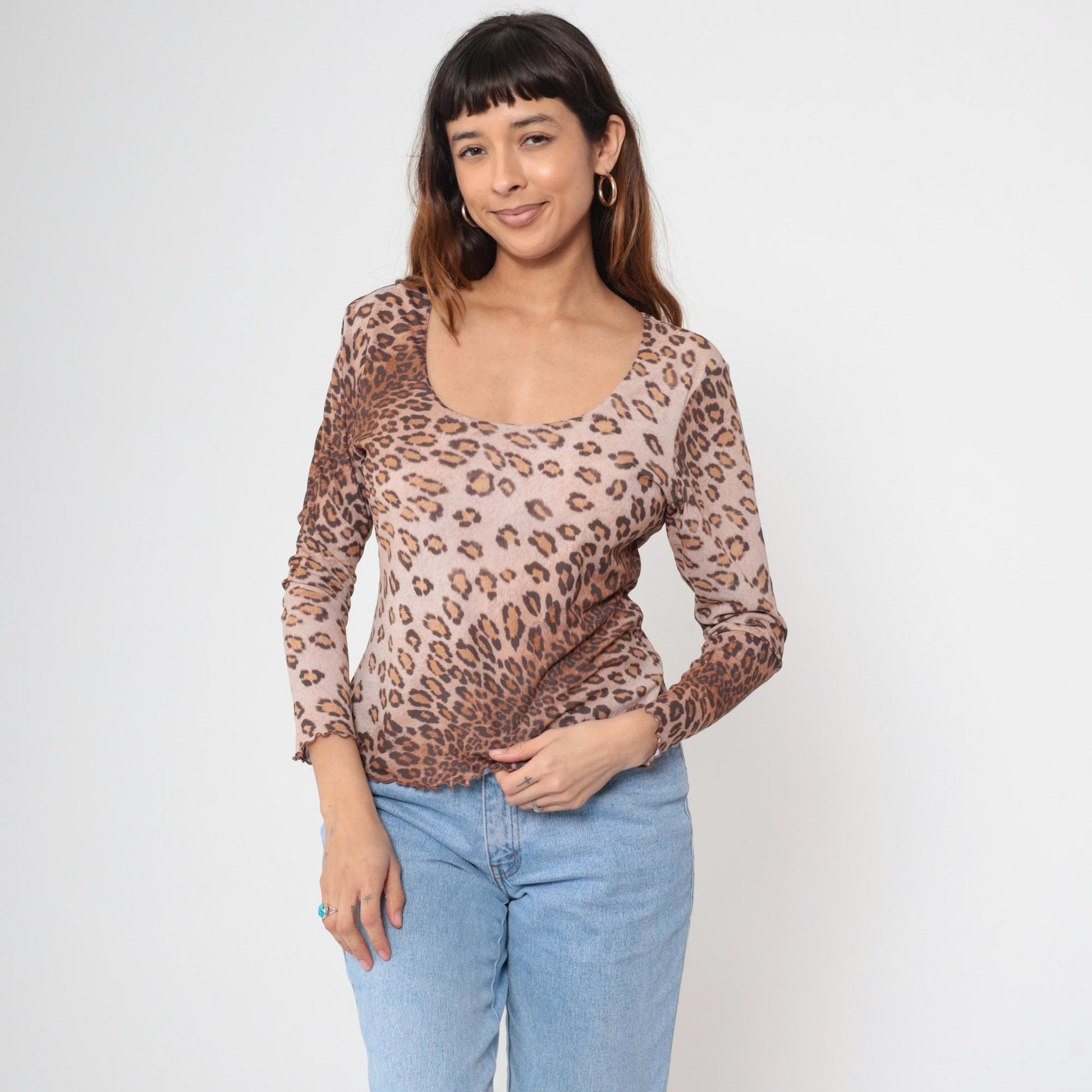 Y2K Leopard Print Long Sleeve Top Scoop Neck Lettuce Edge Large L