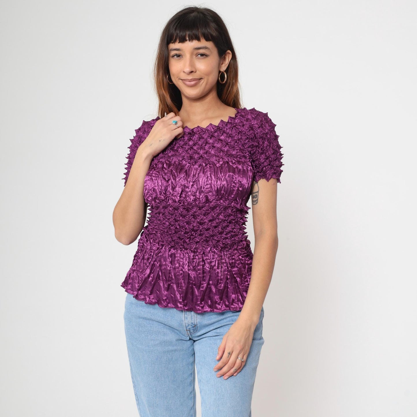 Y2K Purple Popcorn Textured Short Sleeve Top Small