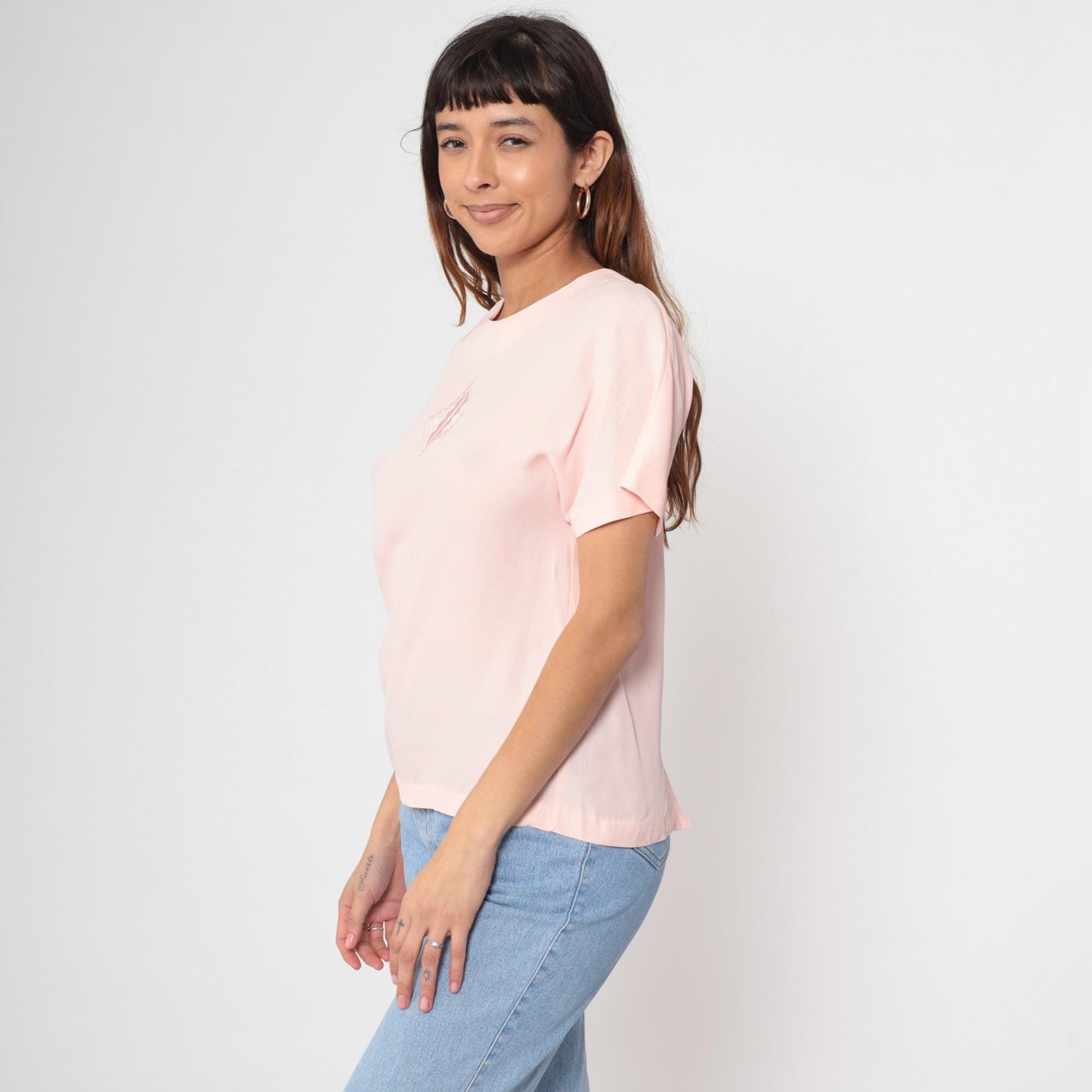 80s Nicole Blake Petites Blush Pink Embroidered Diamond Blouse Short Sleeve Small S