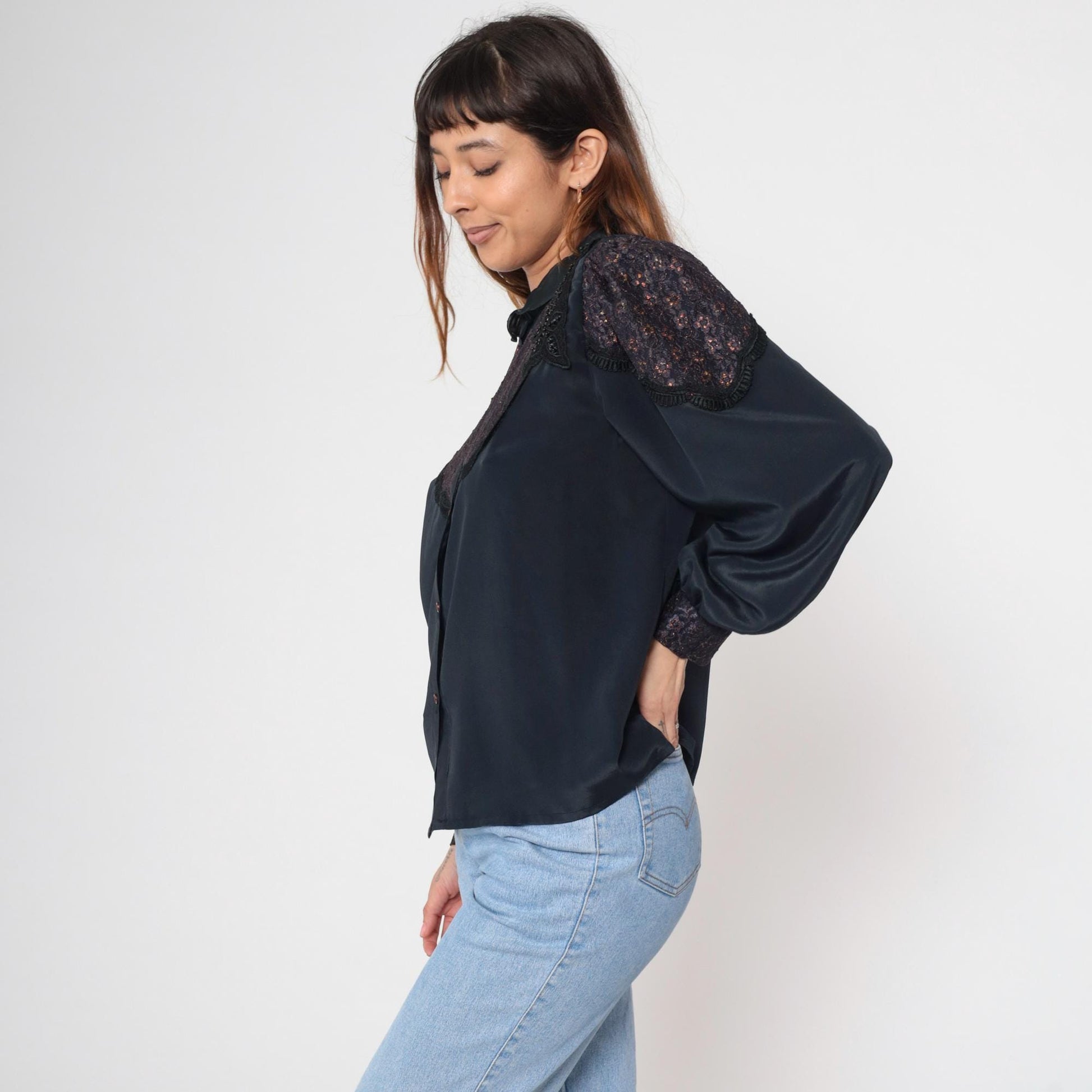80s Black Satin Blouse Metallic Lace Yoke Beaded Sequin Puff Sleeve Medium