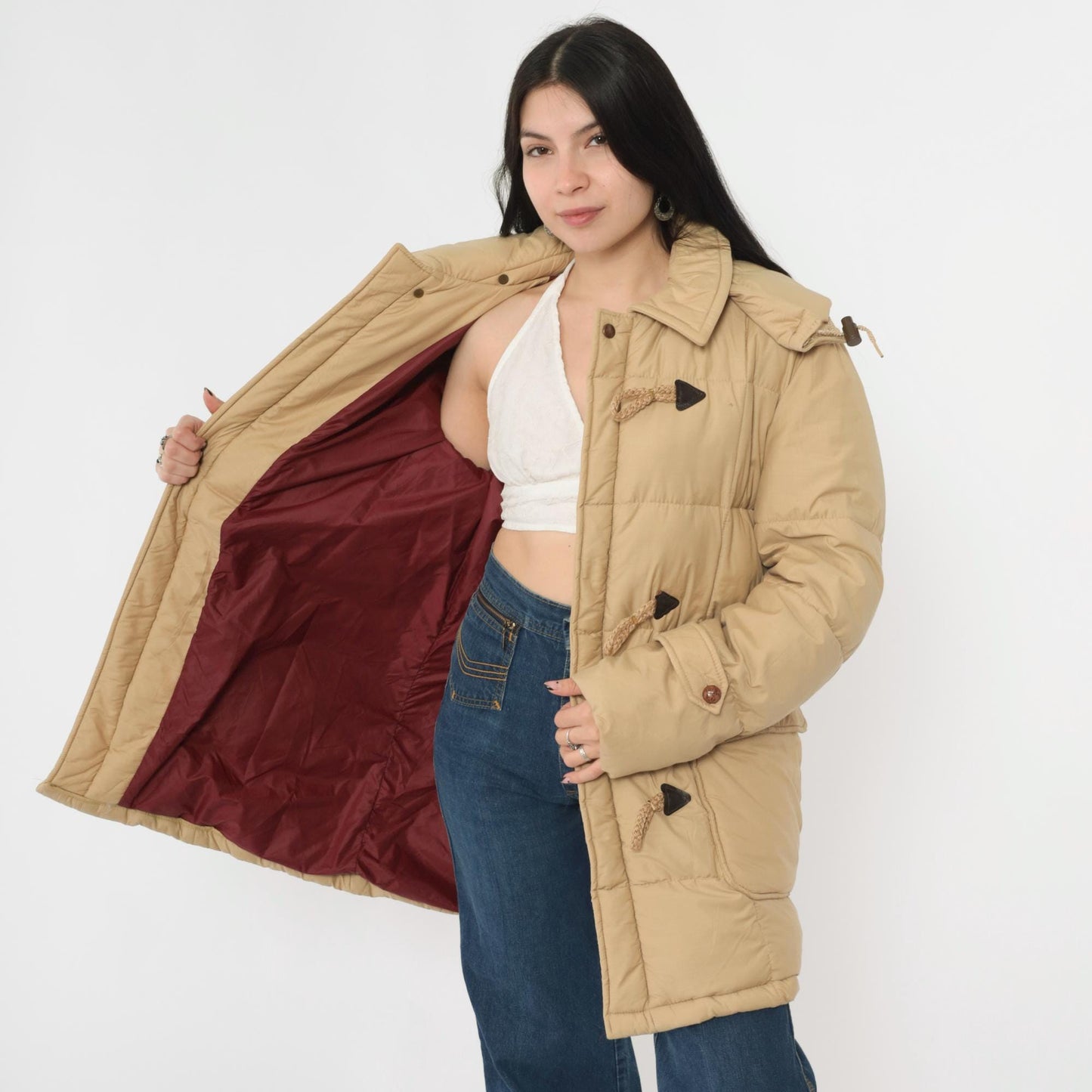 80s Tan Duffle Parka Hooded Toggle Coat Men's Medium
