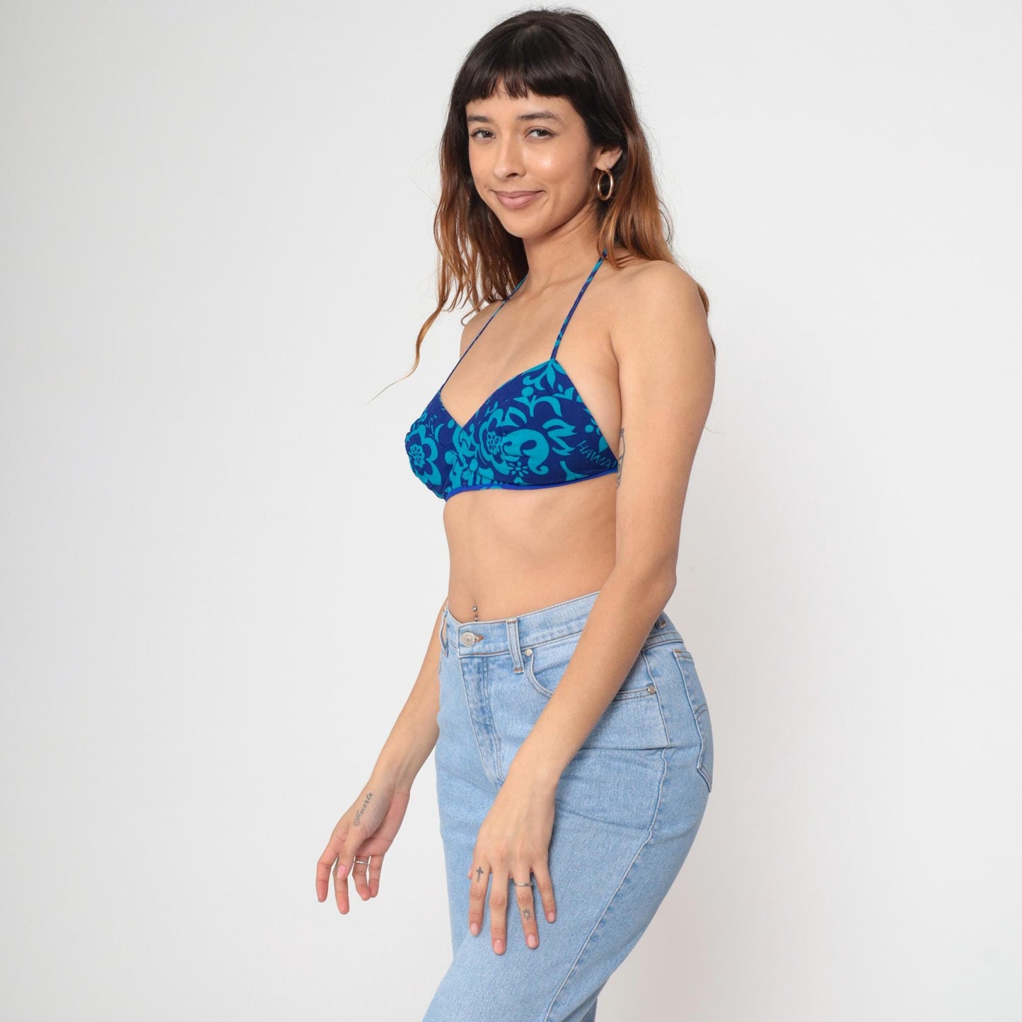 70s Hawaiian Floral Bikini Top Blue Halter Neck Tropical Swimwear Extra Small