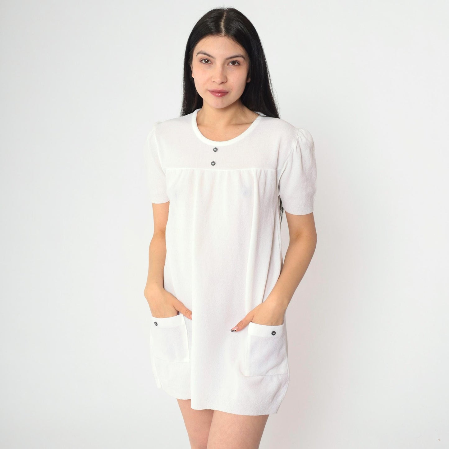 60s White Mod Puff Sleeve Mini Dress Shift A-Line Patch Pocket Small