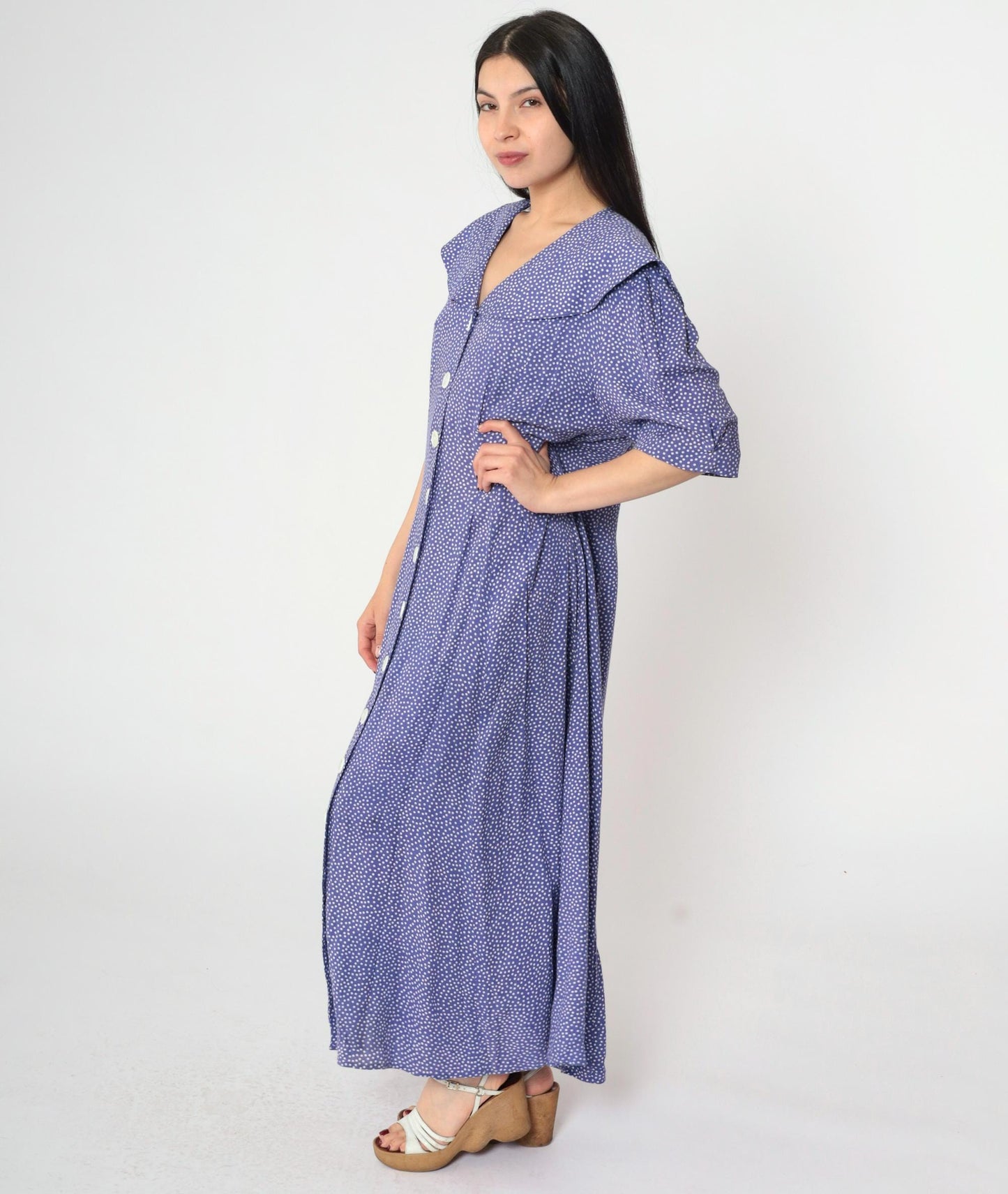 80s Purple Polka Dot Maxi Dress Sailor Collar Button-Up Rayon Large