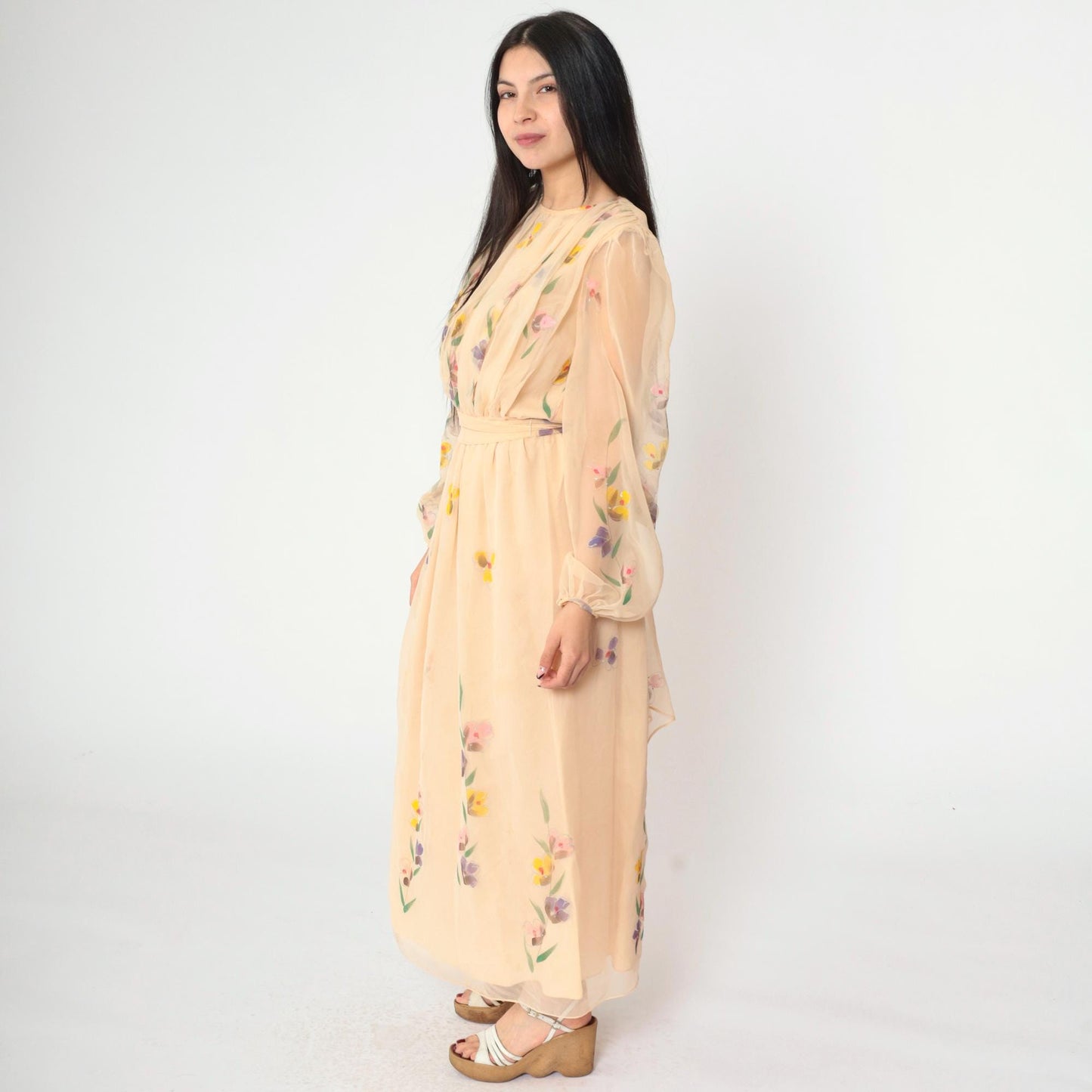 70s Peach Floral Chiffon Maxi Dress Puff Sleeve High Waist Small