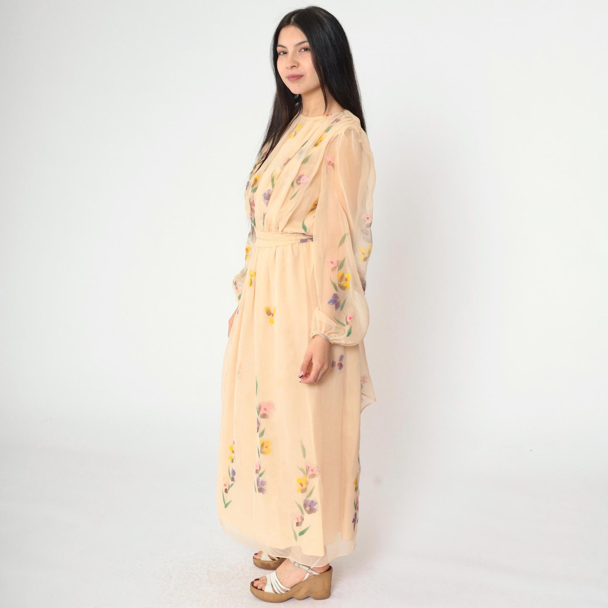 70s Peach Floral Chiffon Maxi Dress Puff Sleeve High Waist Small
