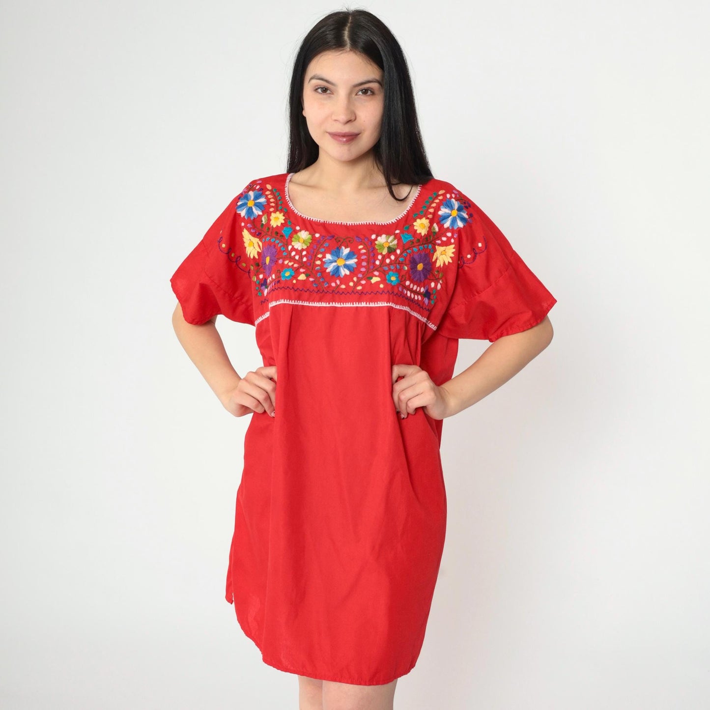 Mexican Embroidered Mini Dress Red Floral Tunic Short Sleeve XXL
