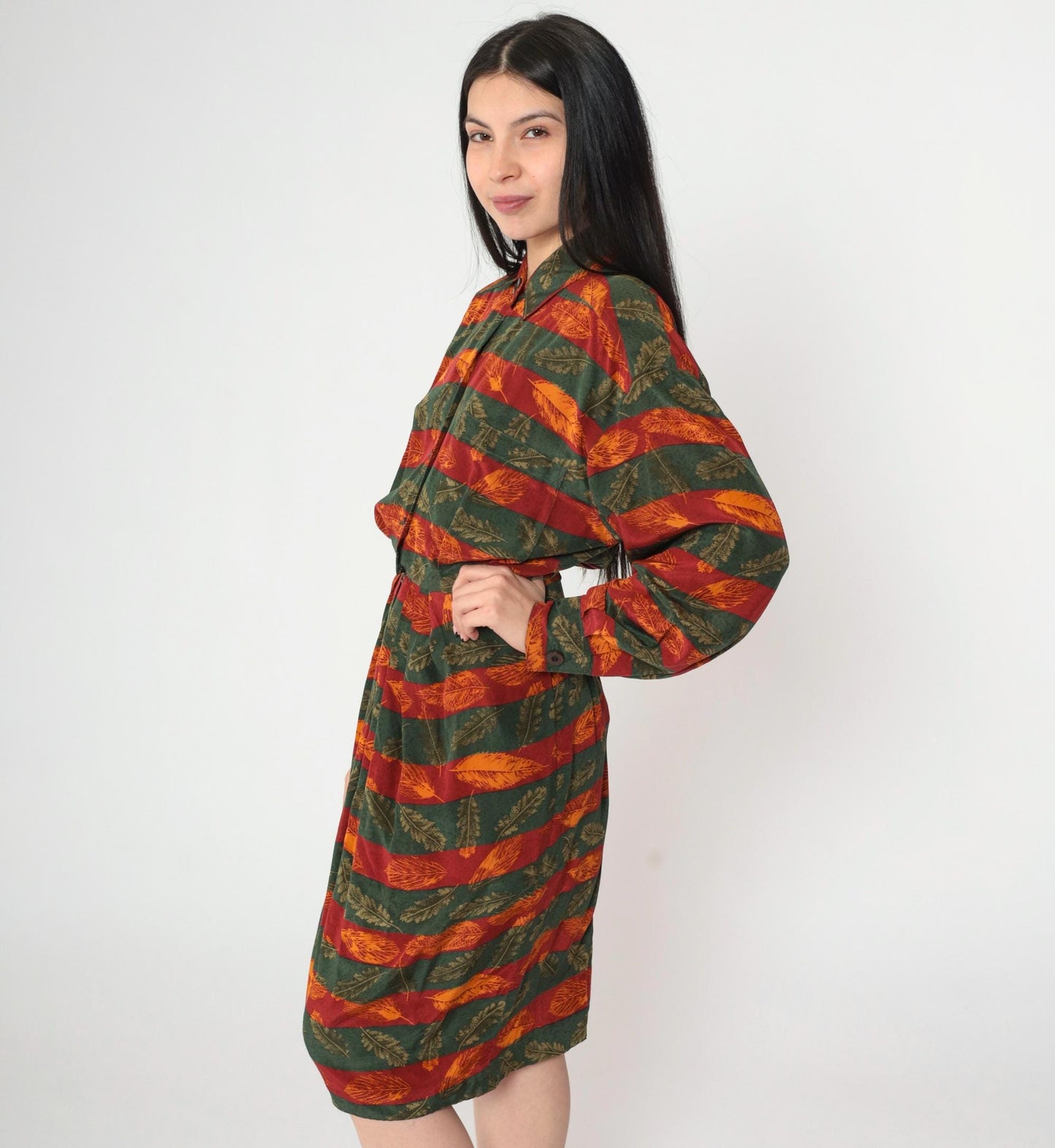80s Silk Midi Dress Autumn Leaf Print Button-Up Blouson Long Sleeve Red Orange Green Extra Small