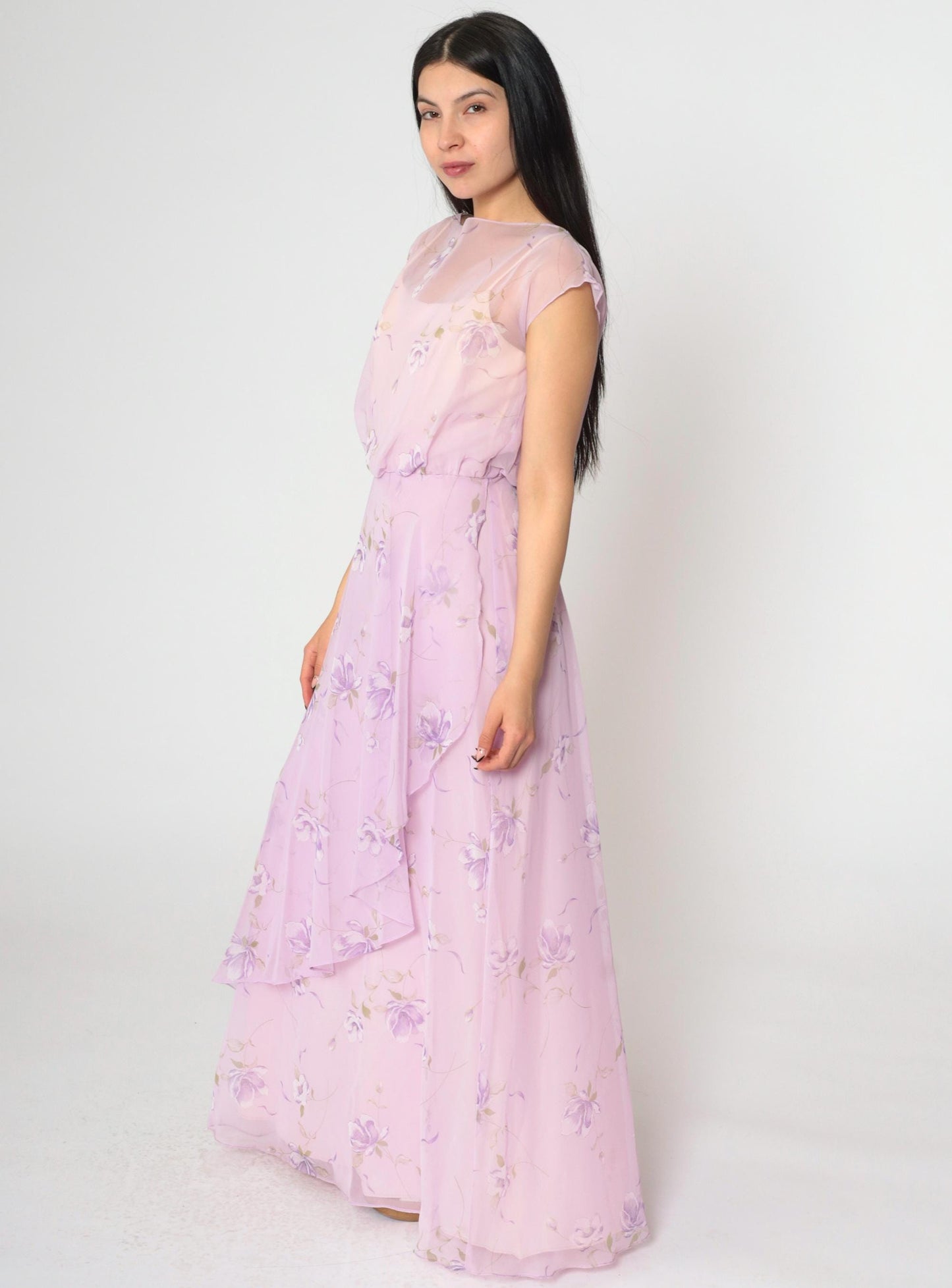 70s Lavender Floral Chiffon Maxi Dress High Waist Asymmetrical Small