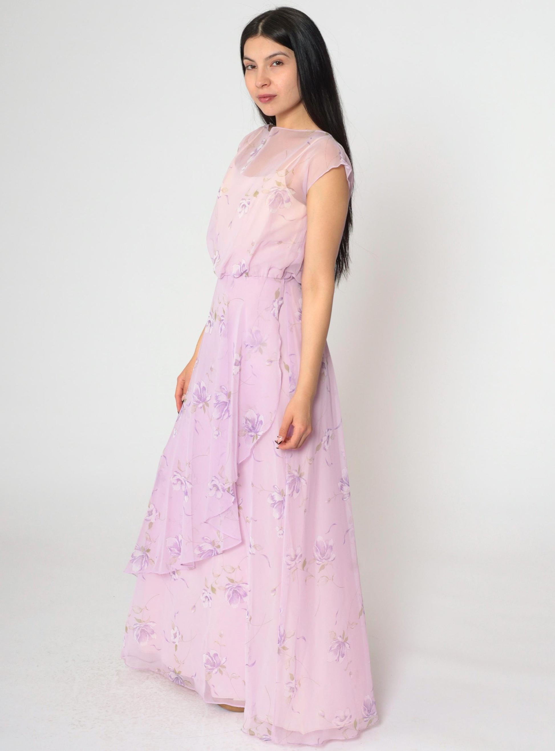 70s Lavender Floral Chiffon Maxi Dress High Waist Asymmetrical Small