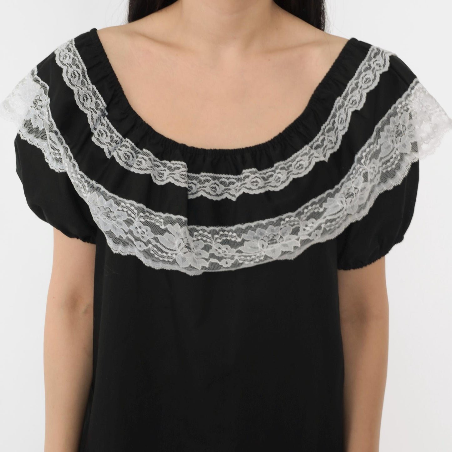 90s Black Peasant Blouse White Lace Trim Off-Shoulder Medium