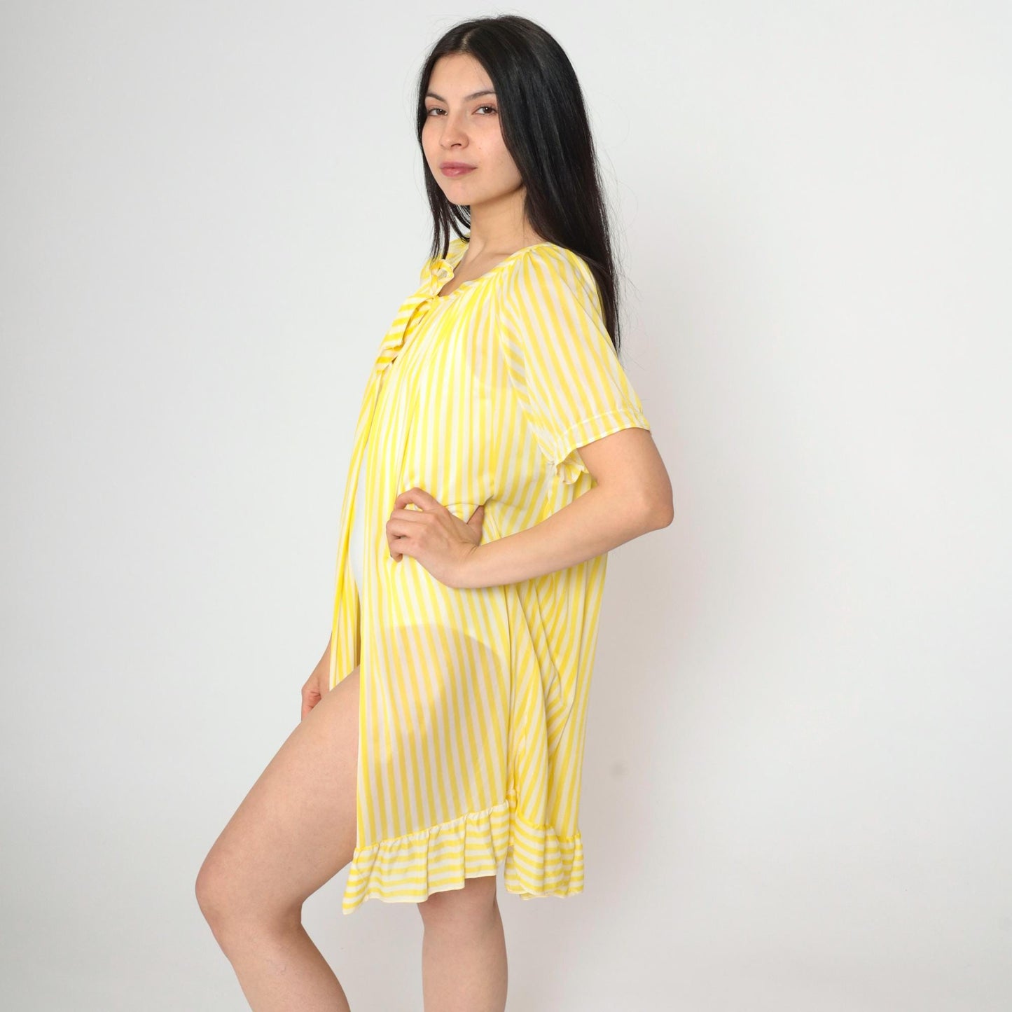 70s Yellow White Striped Nylon Lingerie Robe Open Front Mini Large L