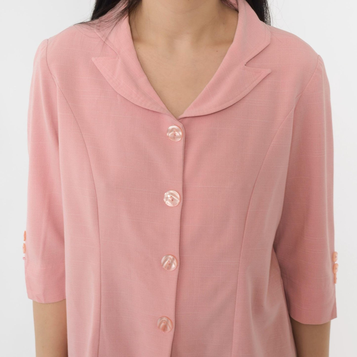 90s Pink Button-Down Blouse 3/4 Sleeve Notched Collar Princess Seams Medium Large