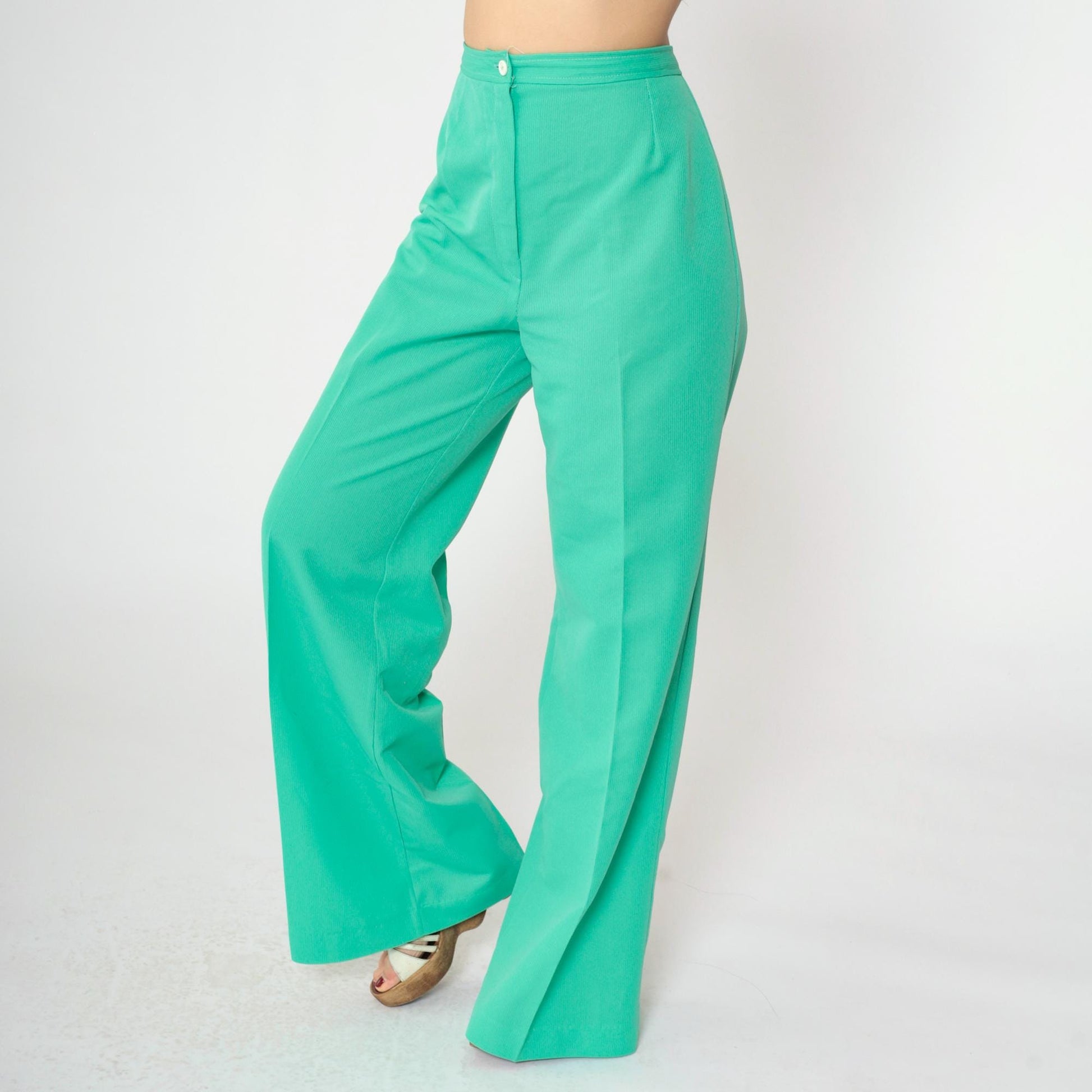 70s Green Polyester High-Waist Wide-Leg Flared Trousers Small