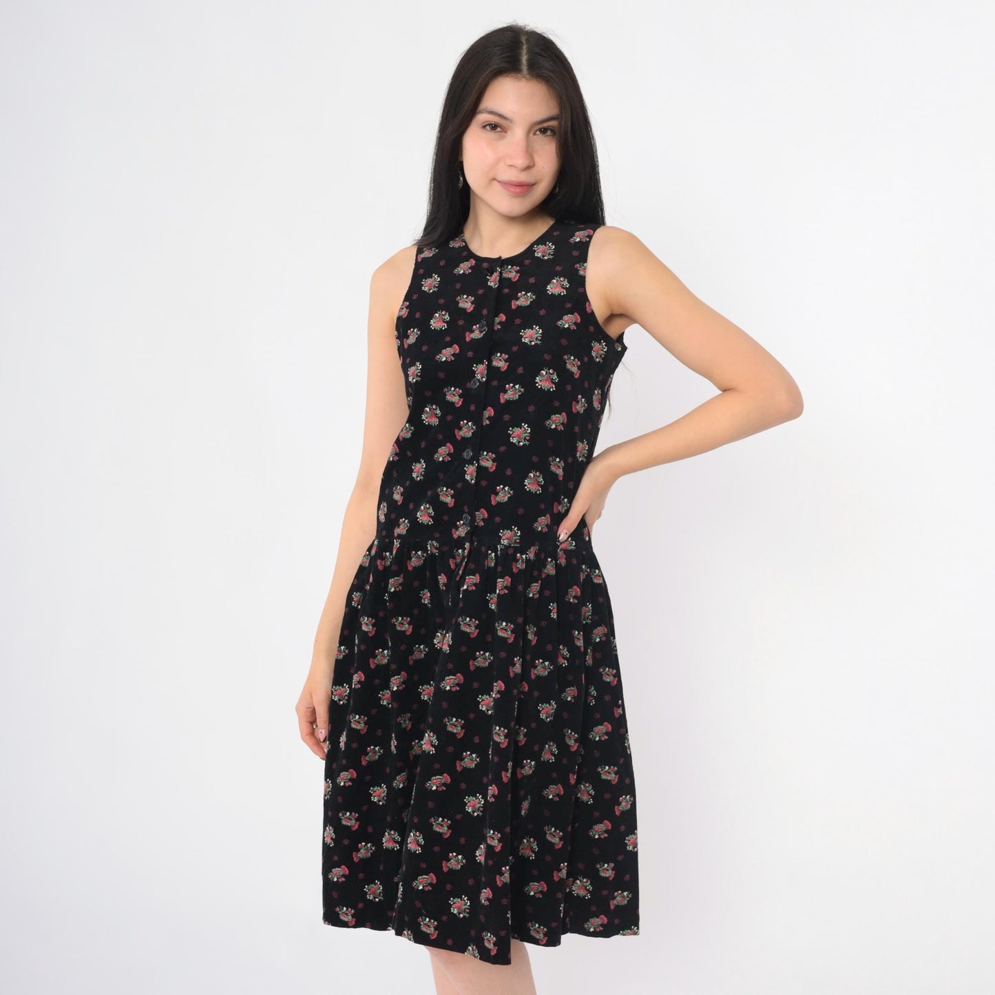90s Black Corduroy Floral Button-Up Pinafore Midi Dress Extra Small