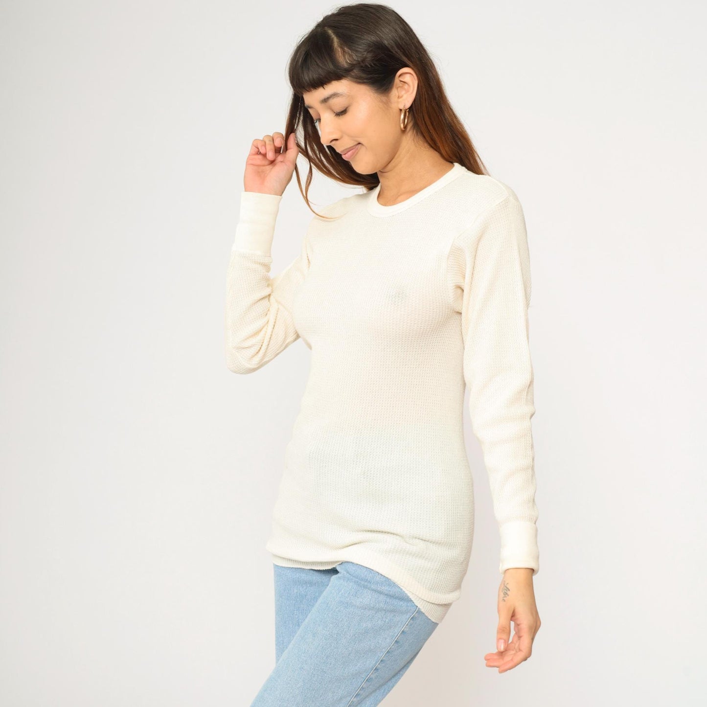 Y2K Hanes Cream Waffle Knit Thermal Long Sleeve Tee Medium M