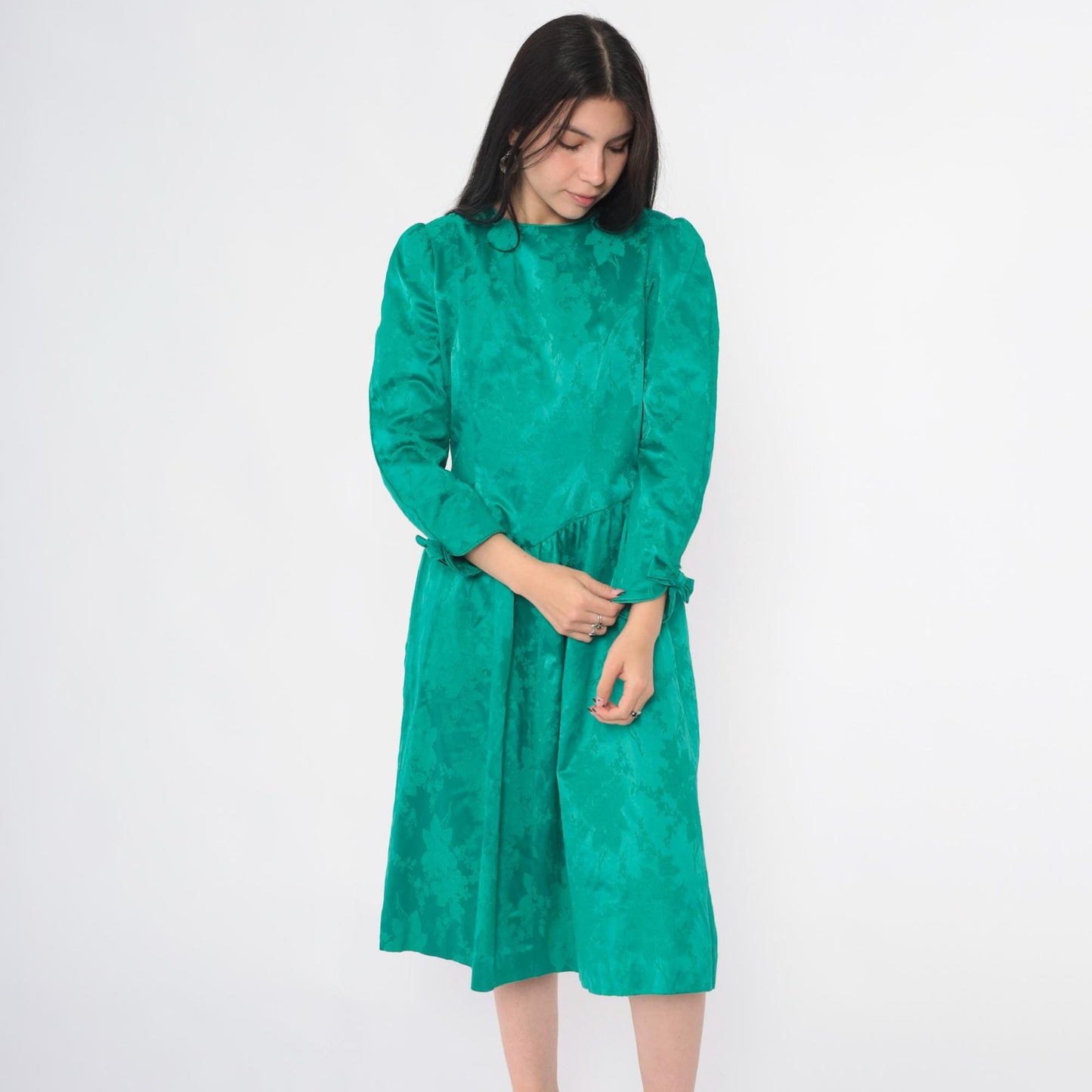 80s Lanz Originals Emerald Jacquard Midi Dress Puff Sleeve Bow Cuff Medium M