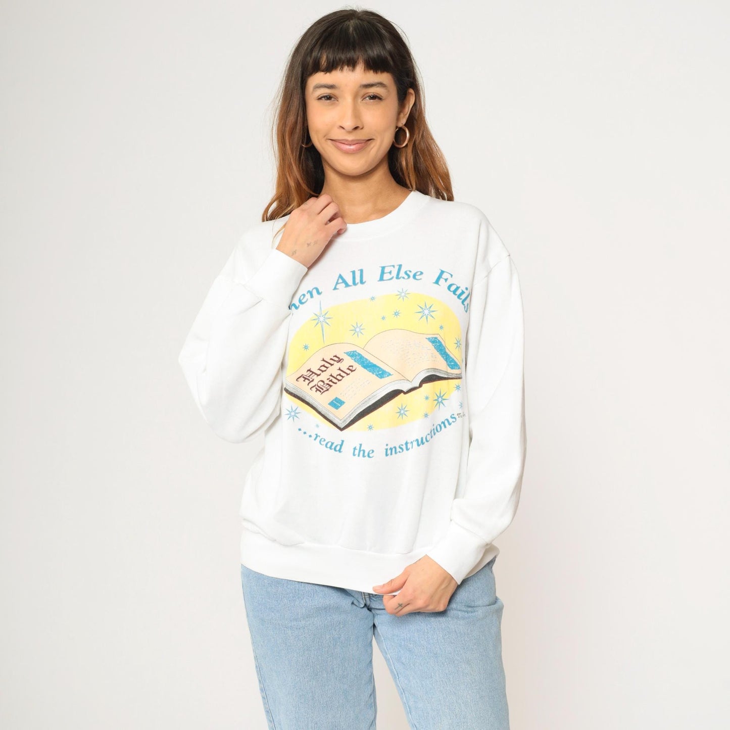 90s Christian Bible Sweatshirt When All Else Fails White Crewneck Large L