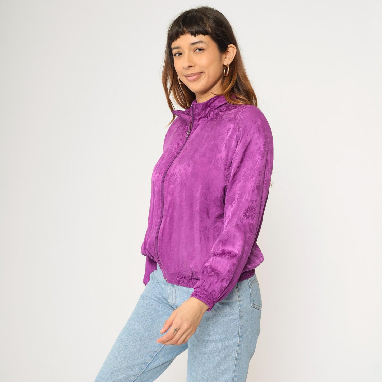 90s Silk Floral Jacquard Windbreaker Purple Zip-Up Raglan Jacket Extra Small