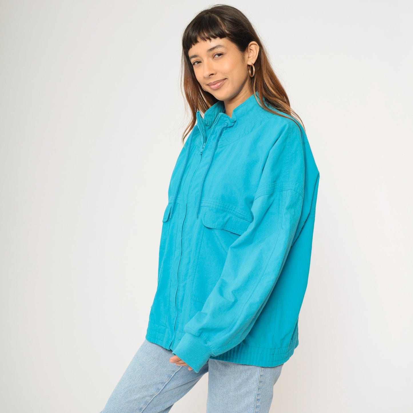 90s Turquoise Windbreaker Jacket Cargo Pockets Drawstring Neck XXL