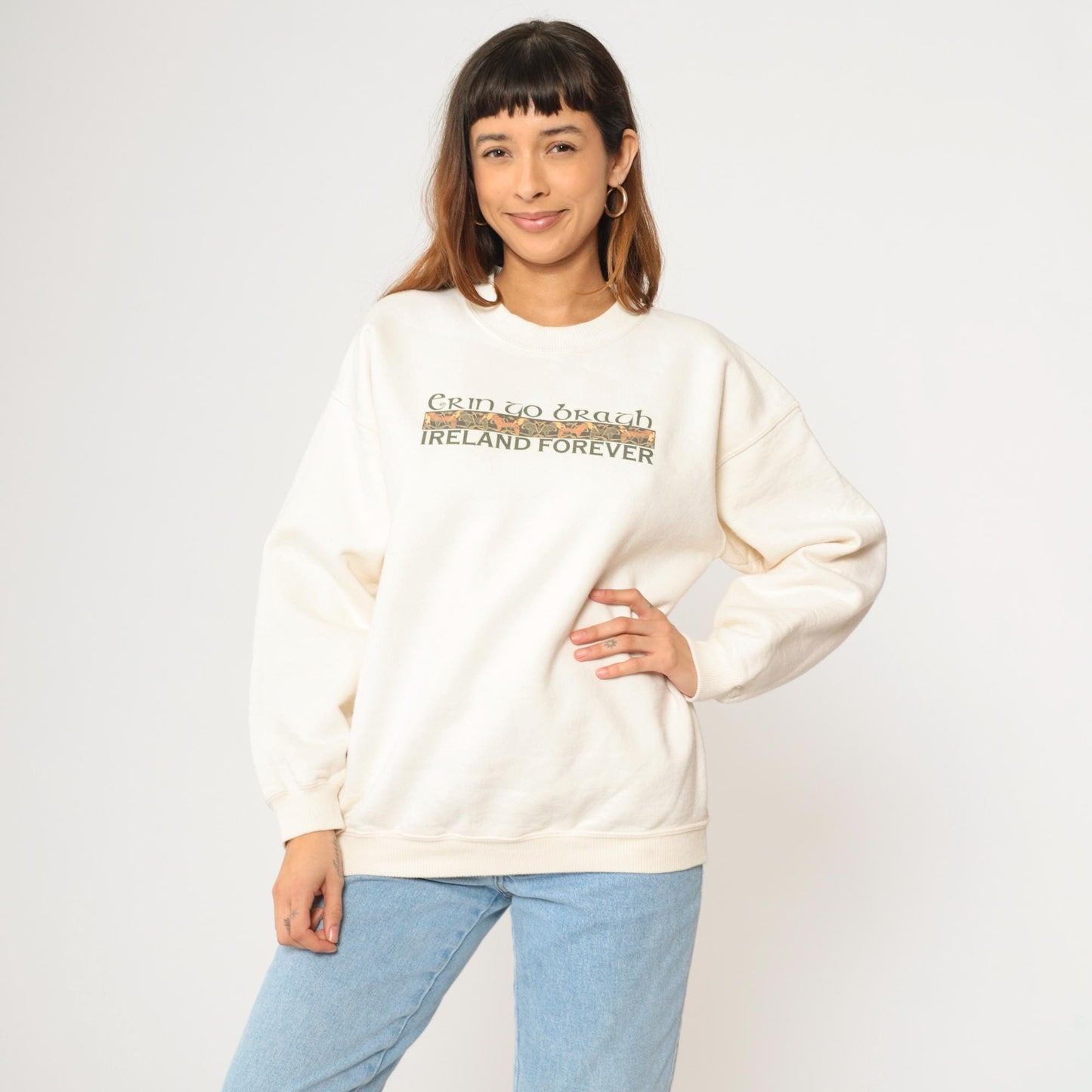 Y2K Ireland Forever Erin Go Bragh Celtic Graphic Sweatshirt Cream Large L