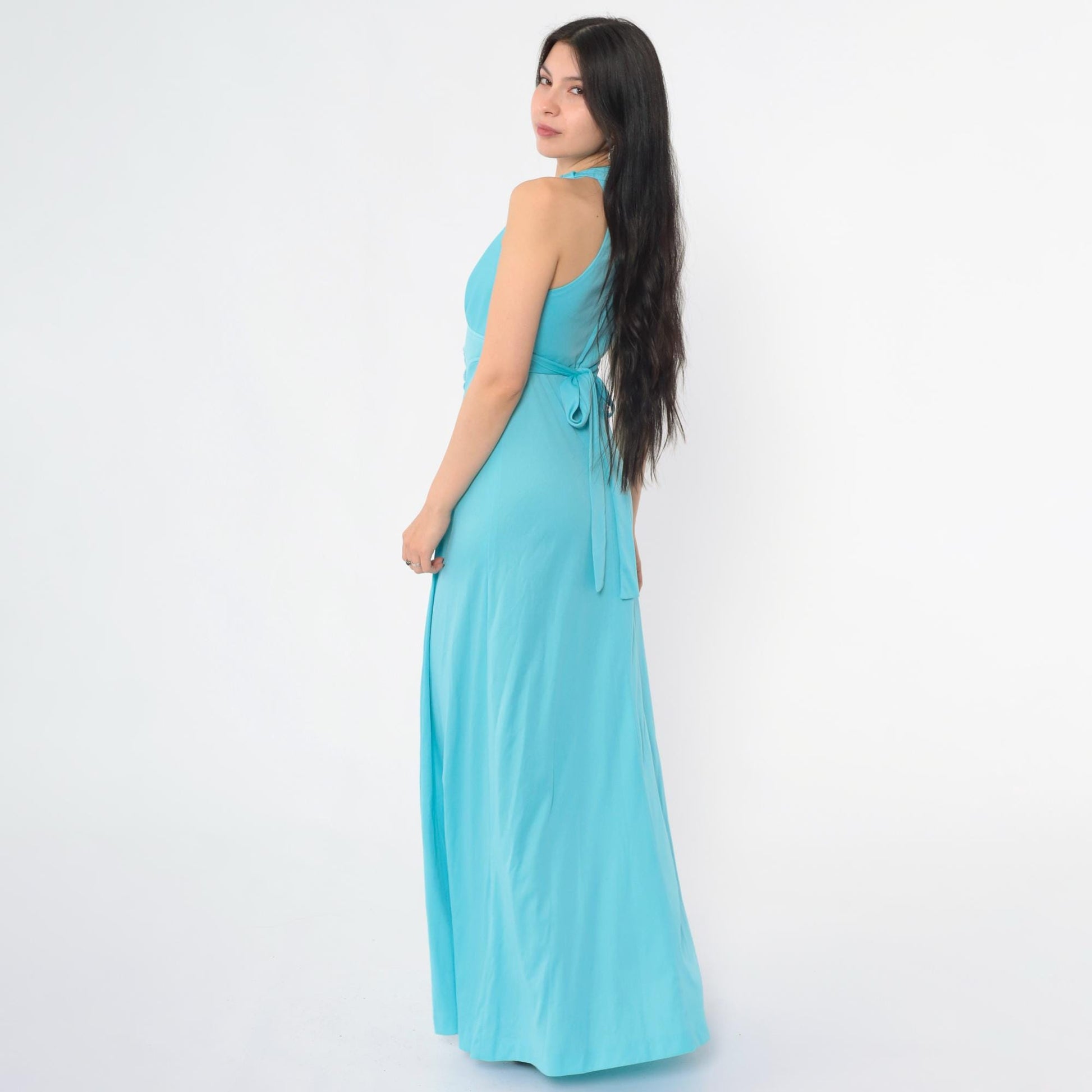 70s Blue Lace Empire Waist Maxi Dress V-Neck Sleeveless Racerback Small