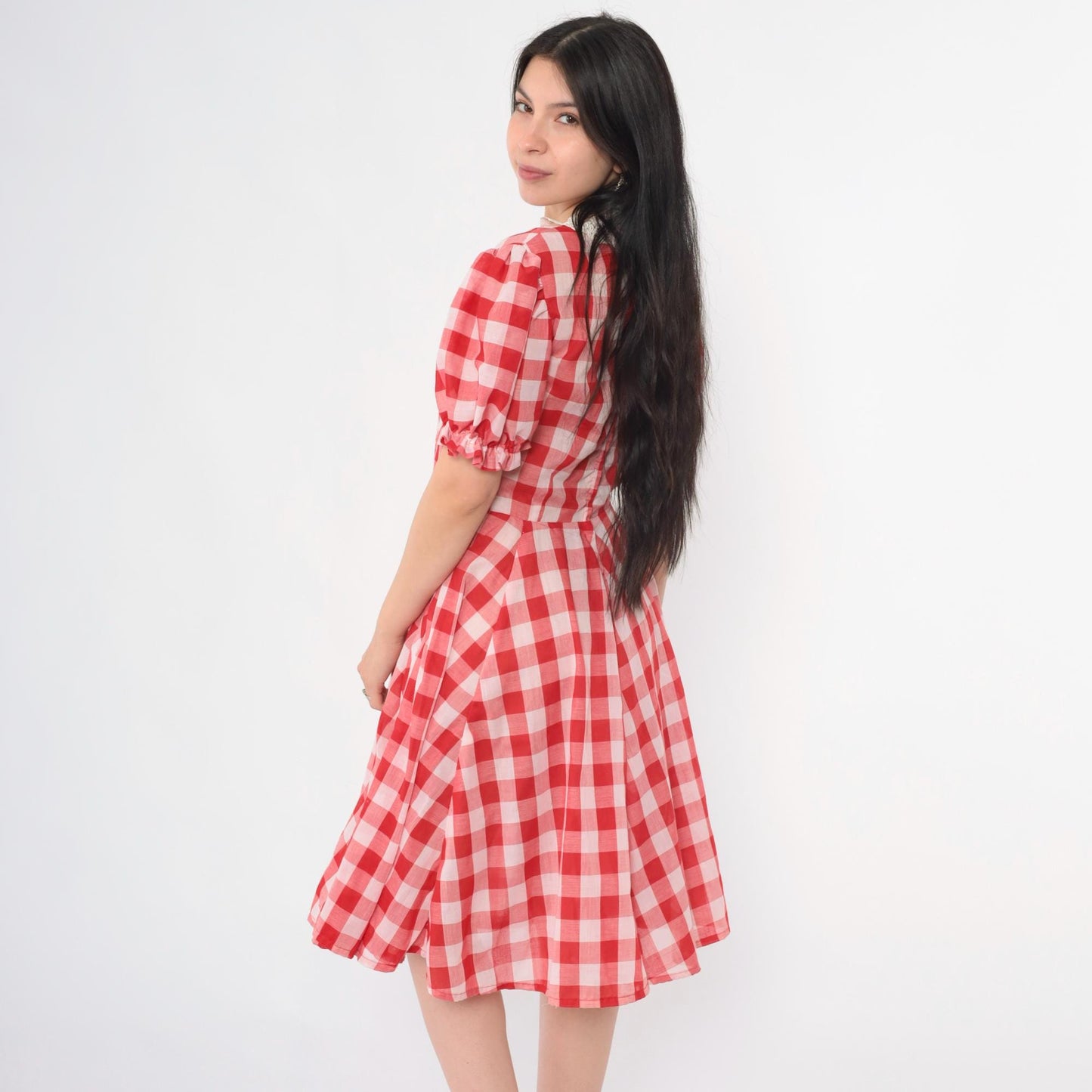 1970s Red Gingham Dress Puff Sleeve V-Neck Fit Flare Knee Length Small S