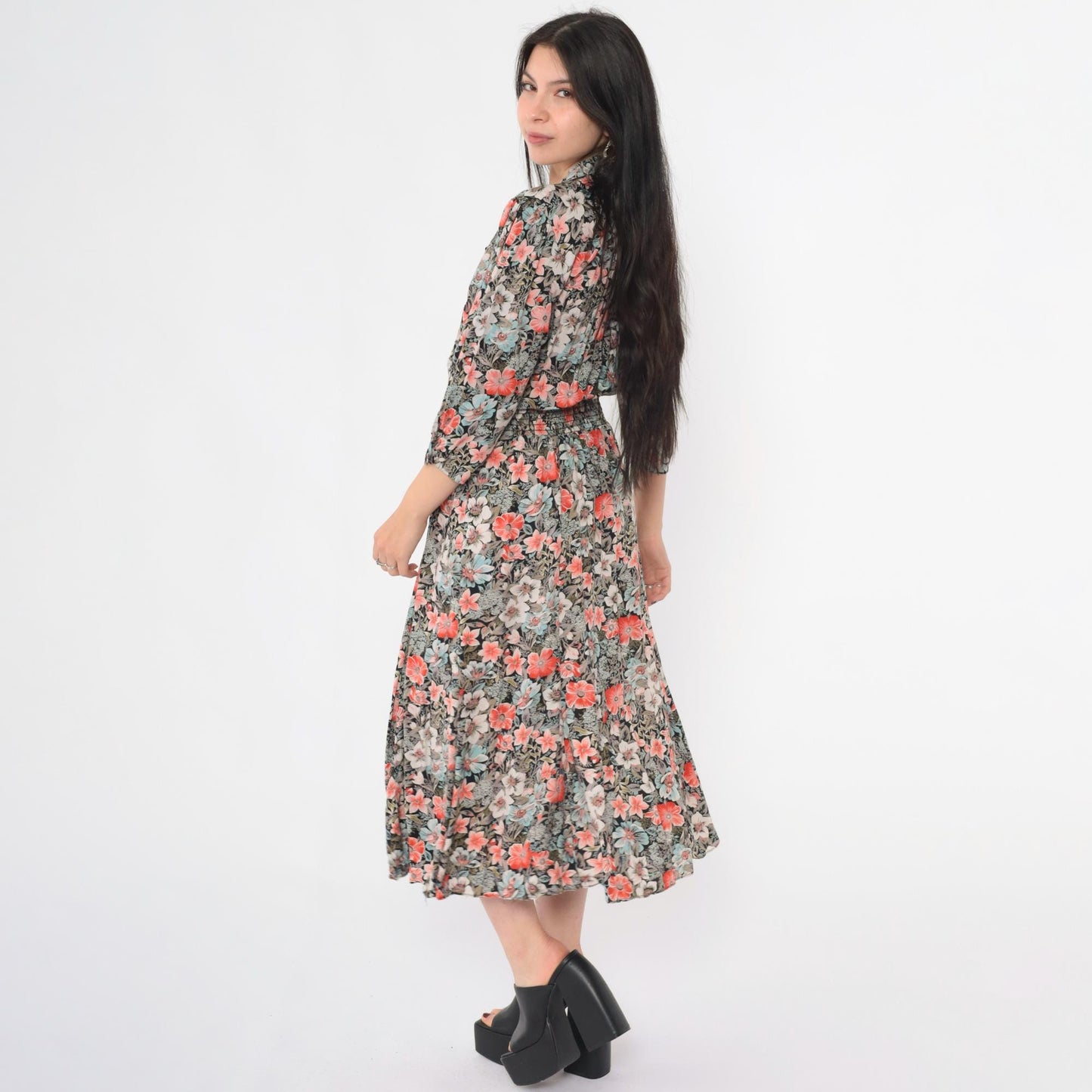 80s John Richard Floral Midi Dress Puff Sleeve V-Neck Elastic Waist Medium