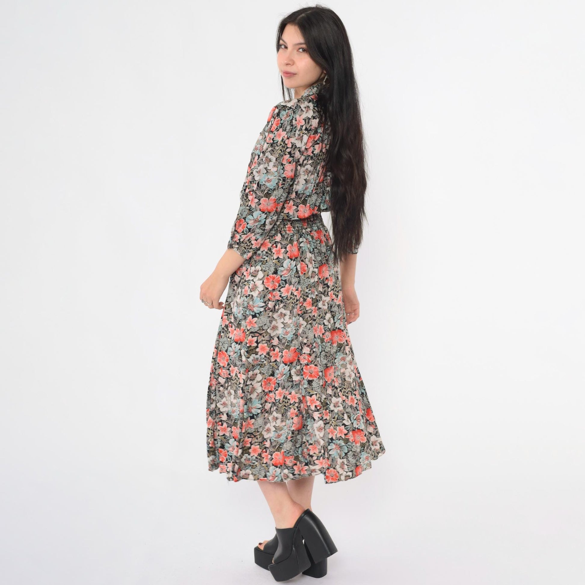 80s John Richard Floral Midi Dress Puff Sleeve V-Neck Elastic Waist Medium