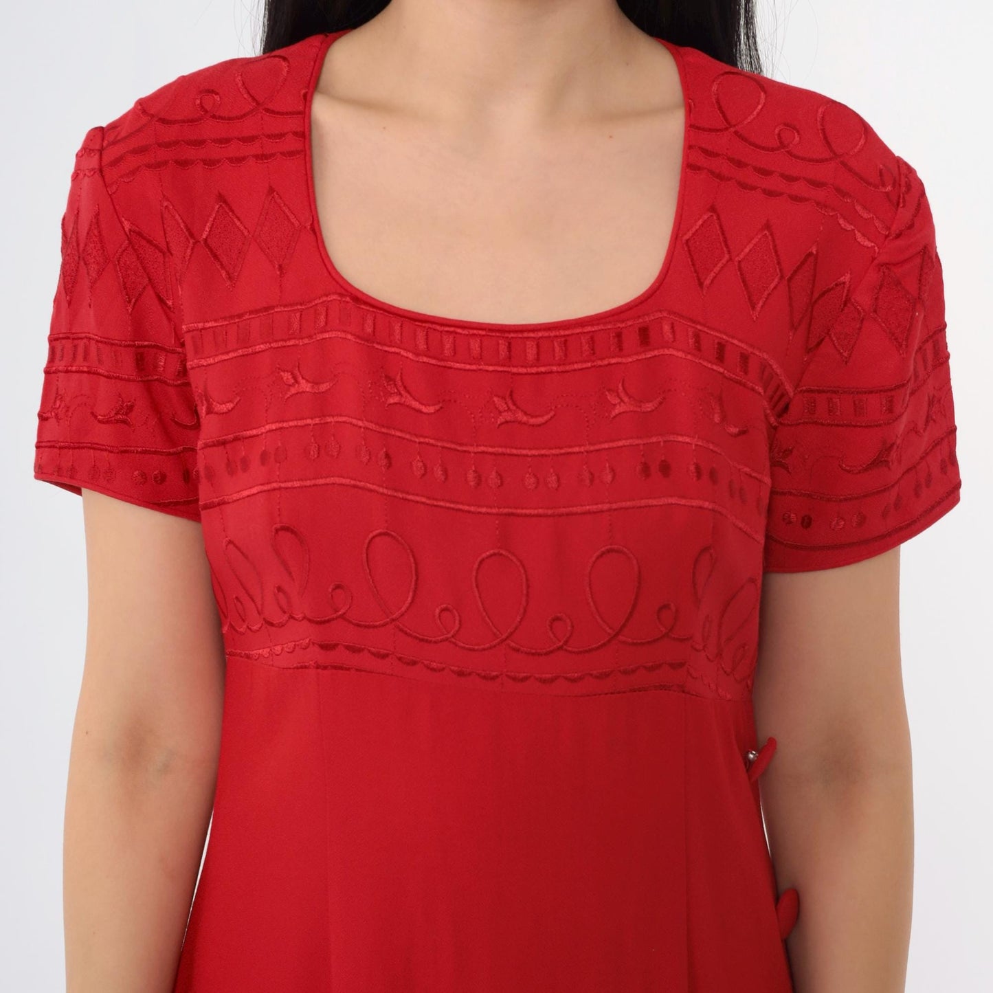 90s Jessica Howard Red Geometric Embroidered Midi Dress Empire Waist Small