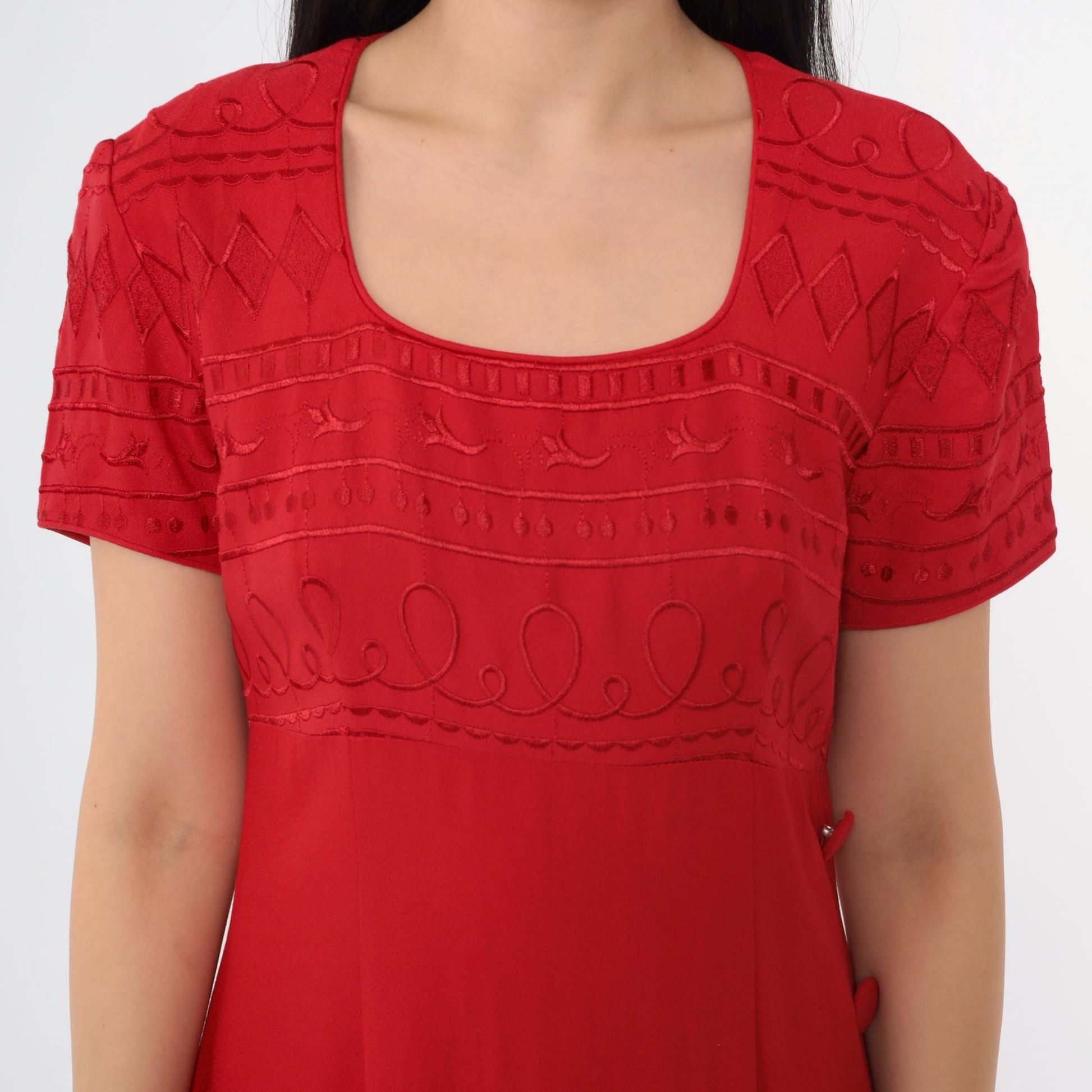90s Jessica Howard Red Geometric Embroidered Midi Dress Empire Waist Small