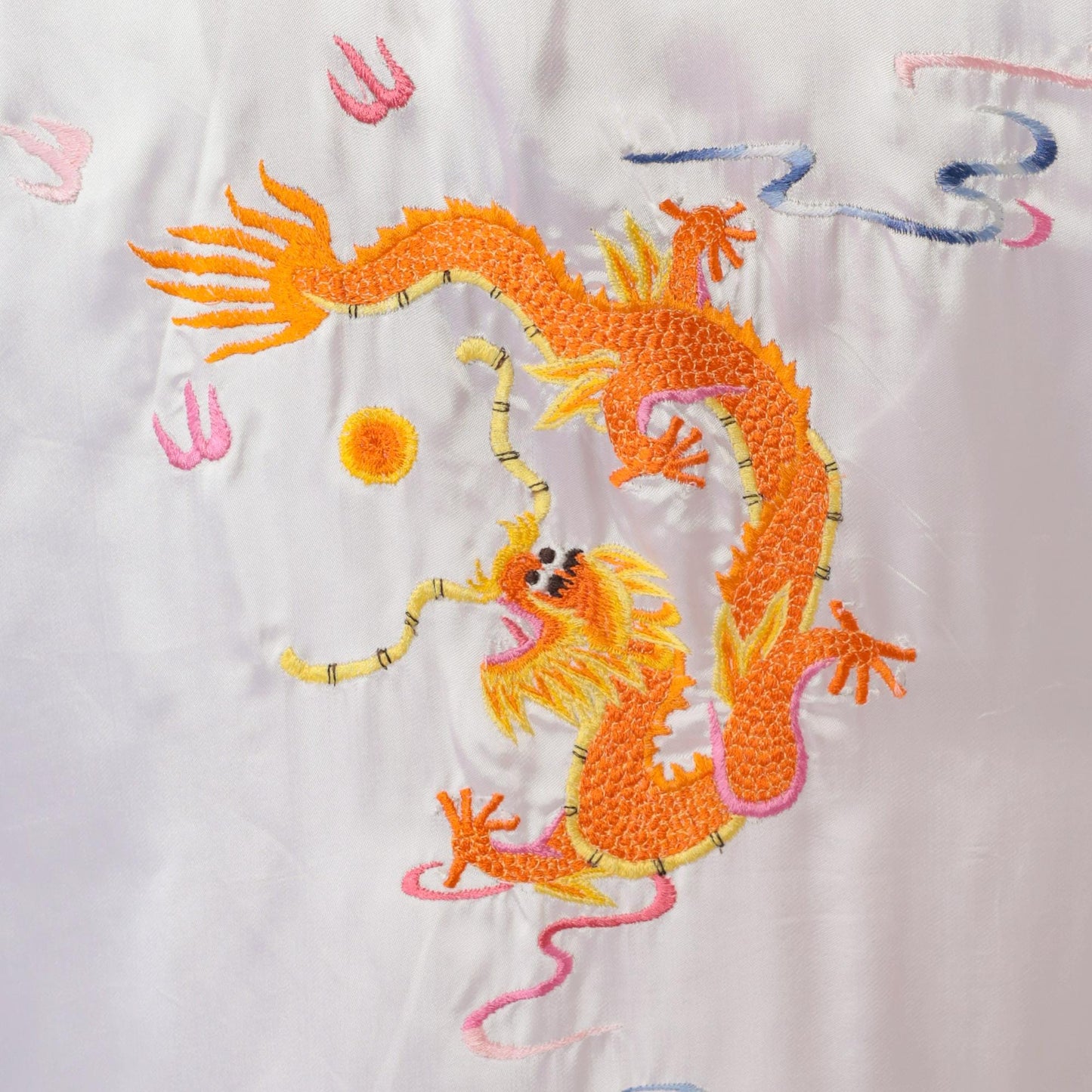 90s Chinese Dragon Embroidered Satin Robe White Wrap Maxi Medium M