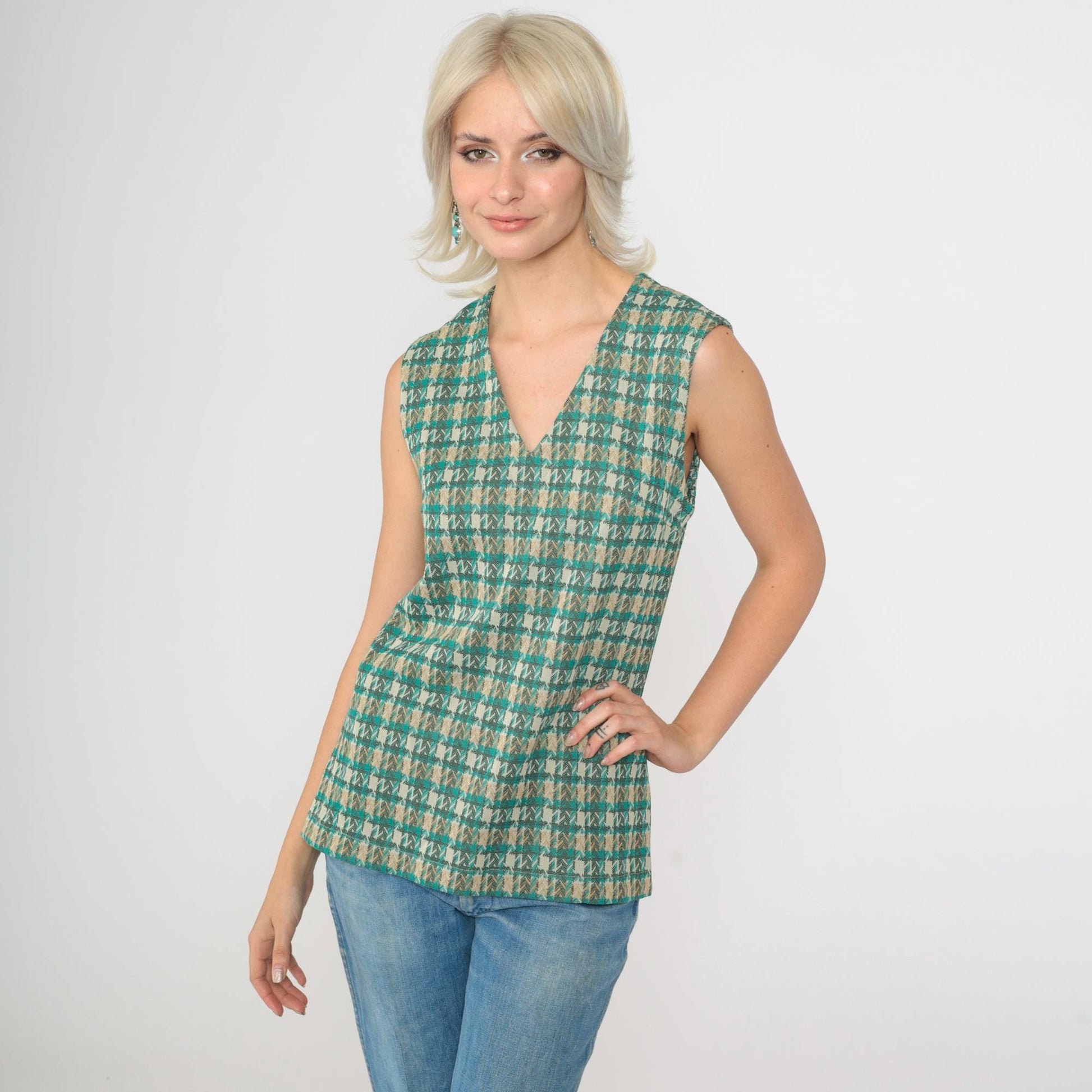 70s Plaid Tank Top Turquoise V-Neck Sleeveless Checkered Shirt Small