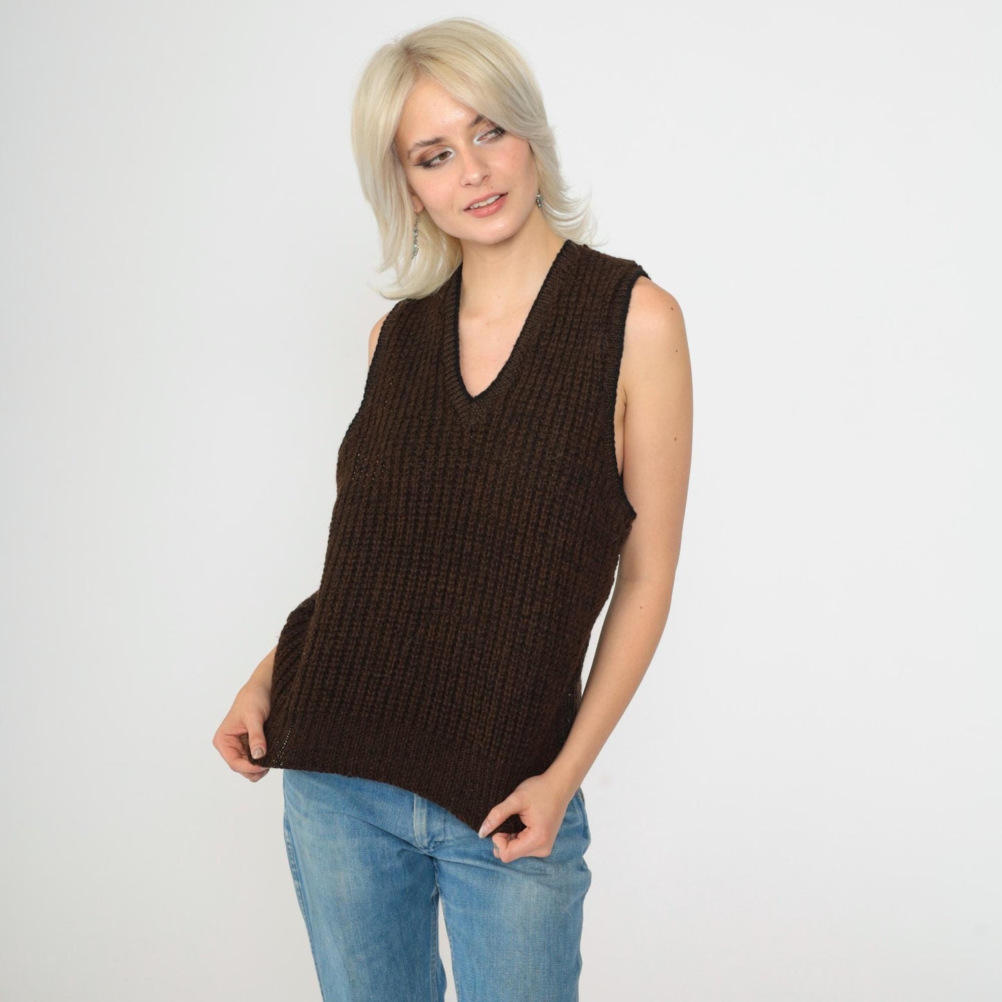 80s Broadway Wool Sweater Vest Brown Ribbed V-Neck Knit Small