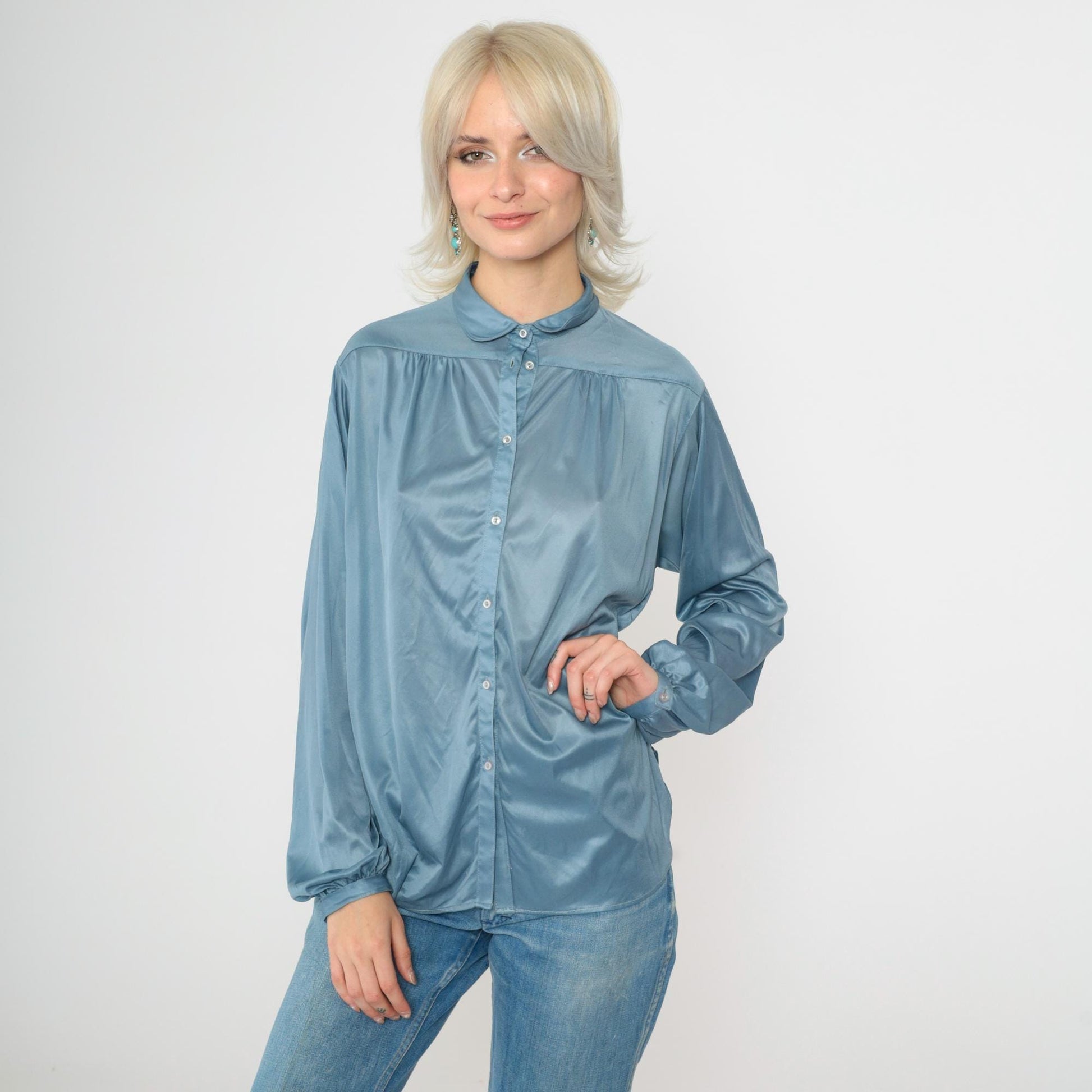 70s Blue Peter Pan Collar Button-Up Blouse Long Sleeve Large L