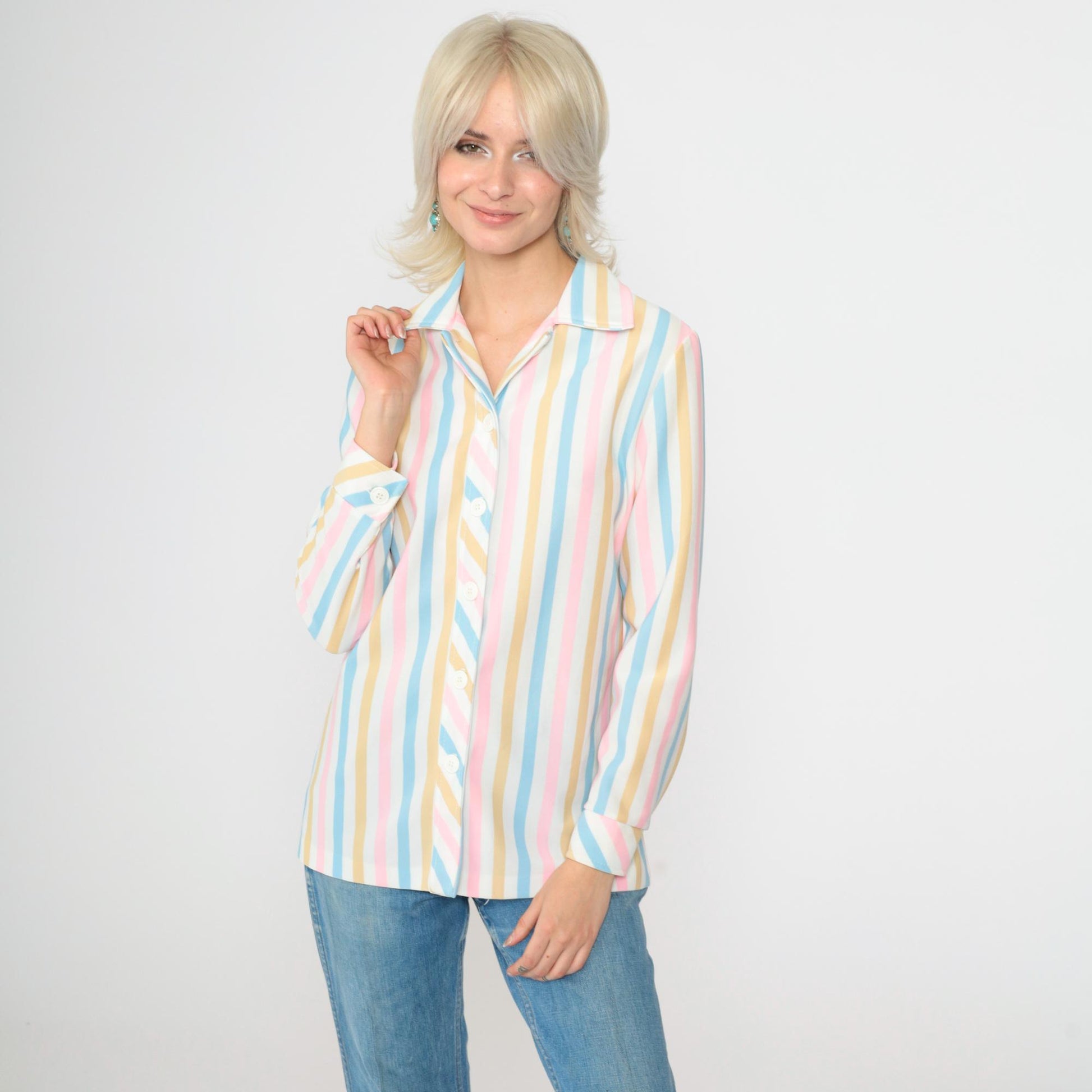 70s Pastel Striped Button-Up Blouse White Pink Blue Long Sleeve Small