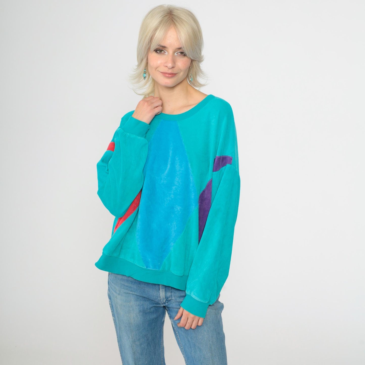 80s Turquoise Velour Sweatshirt Color Block Diamond Crewneck Large L