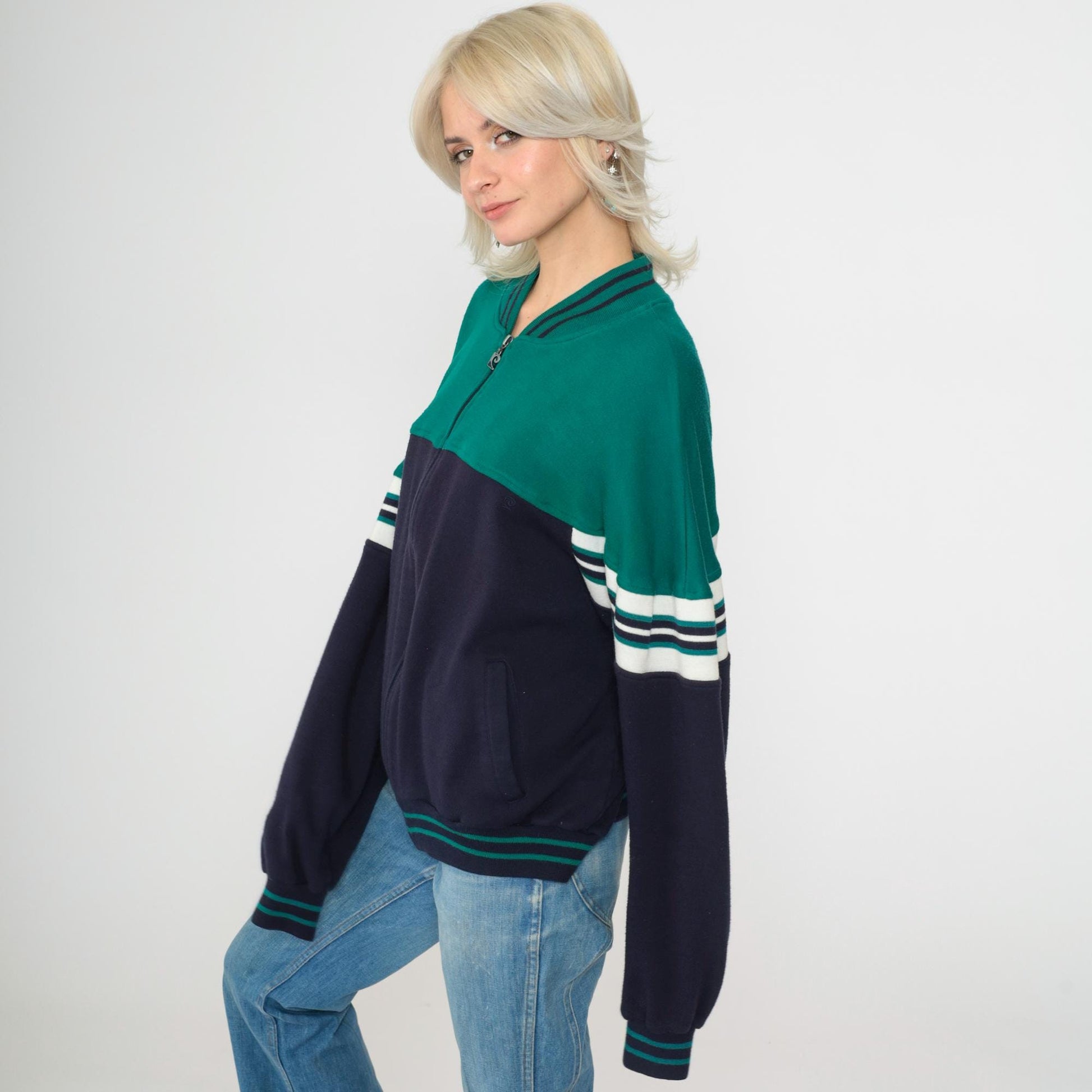80s Pierre Cardin Track Jacket Green Navy Color Block Striped Large L