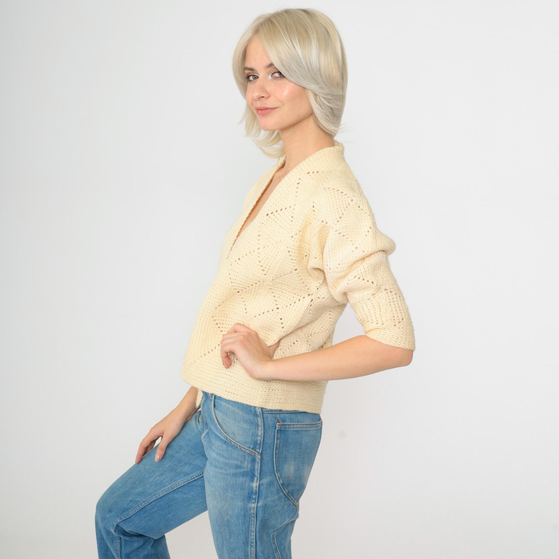 70s Cream Open Knit Cardigan Cropped Dolman Sleeve Geometric Textured Extra Small